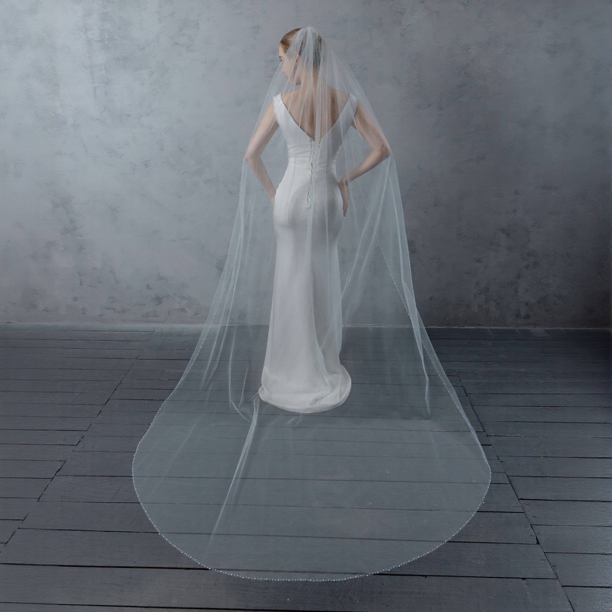 ODETTE - Cathedral Length Pearl Beaded Edged Bridal Wedding Veil 108 Inches Long