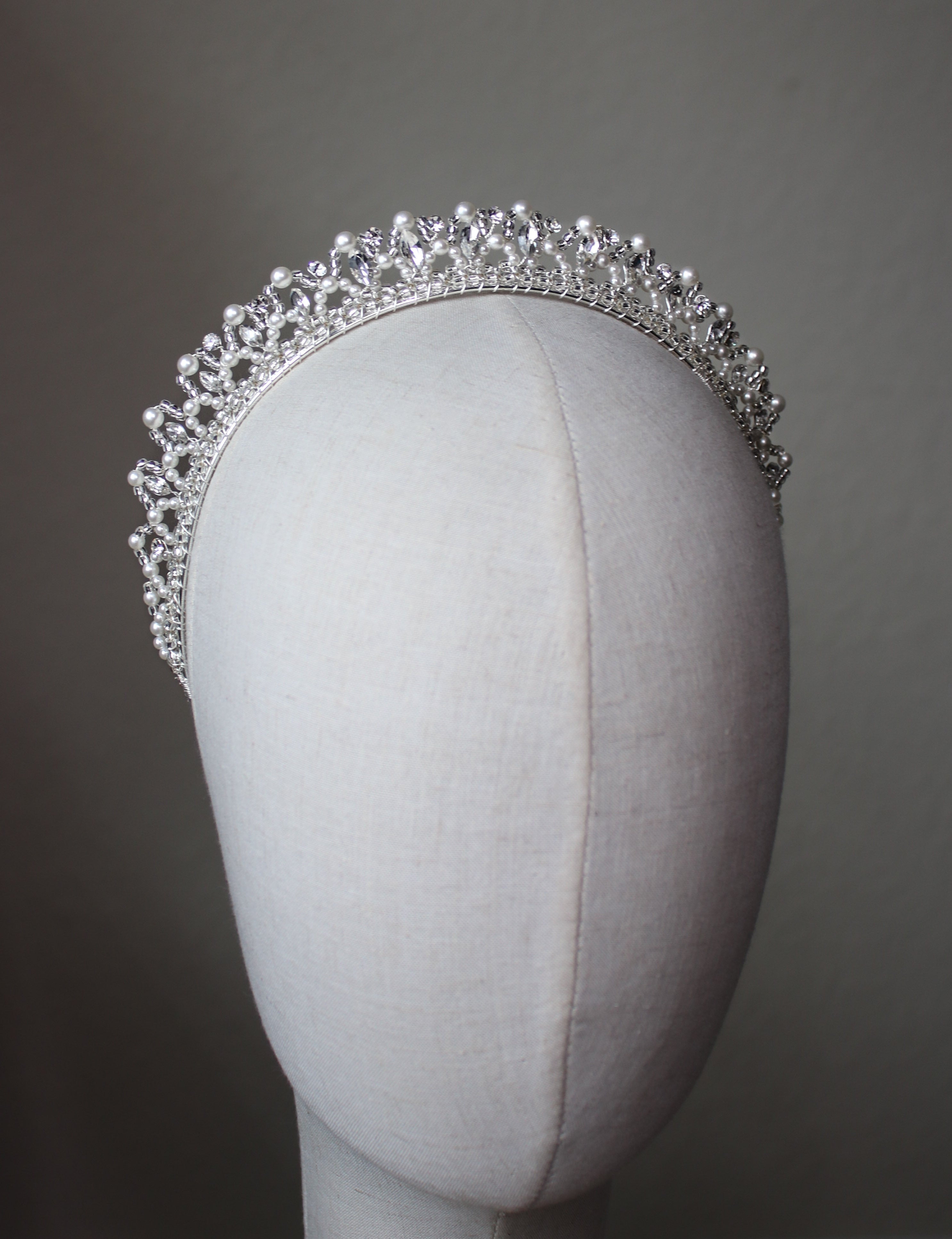 Close-up of French Rococo bridal tiara with hand-set pearls and sparkling crystals, perfect for romantic wedding hairstyles | EDEN LUXE Bridal