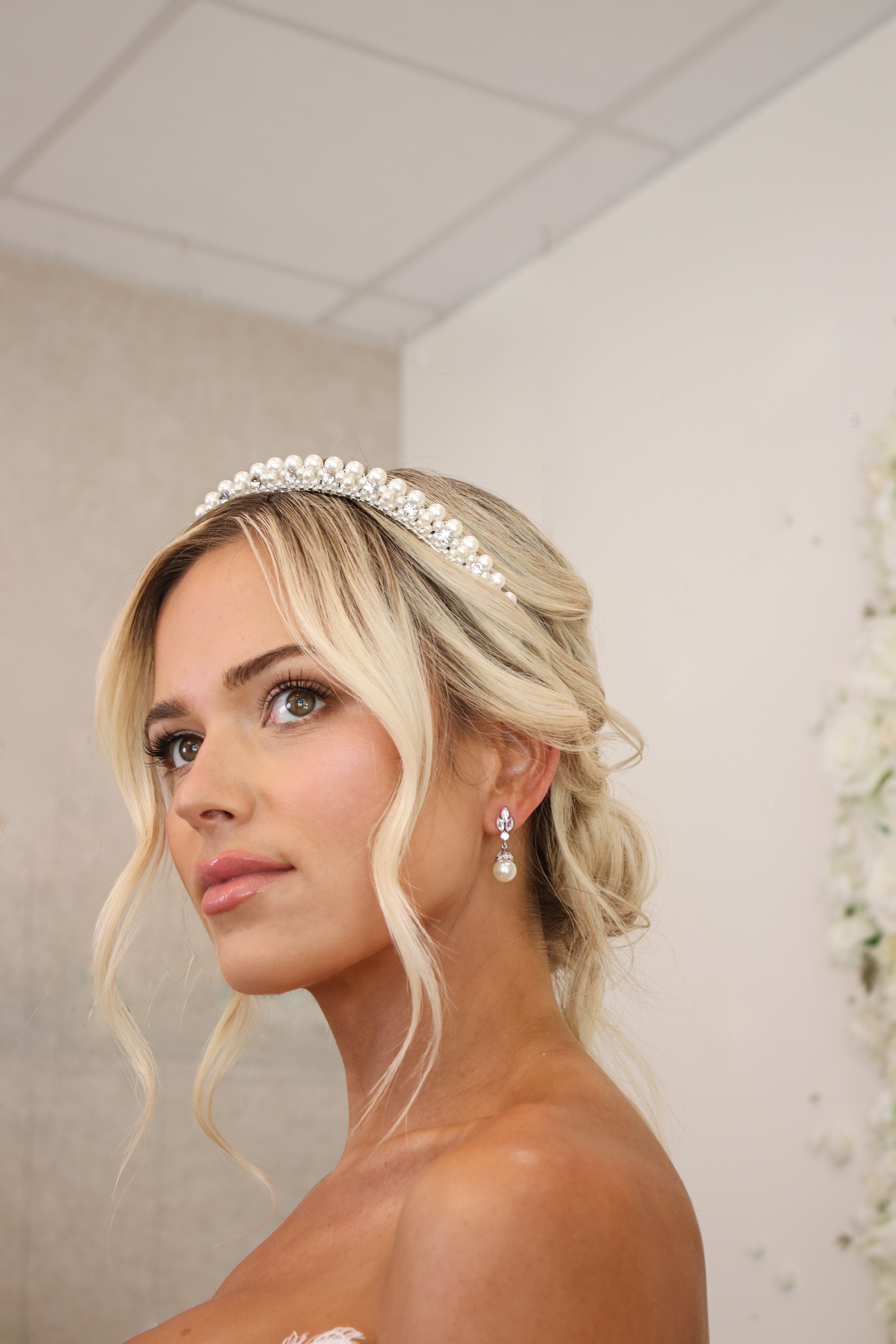 FREYA Pearl Drop Simulated Diamond Wedding Earrings