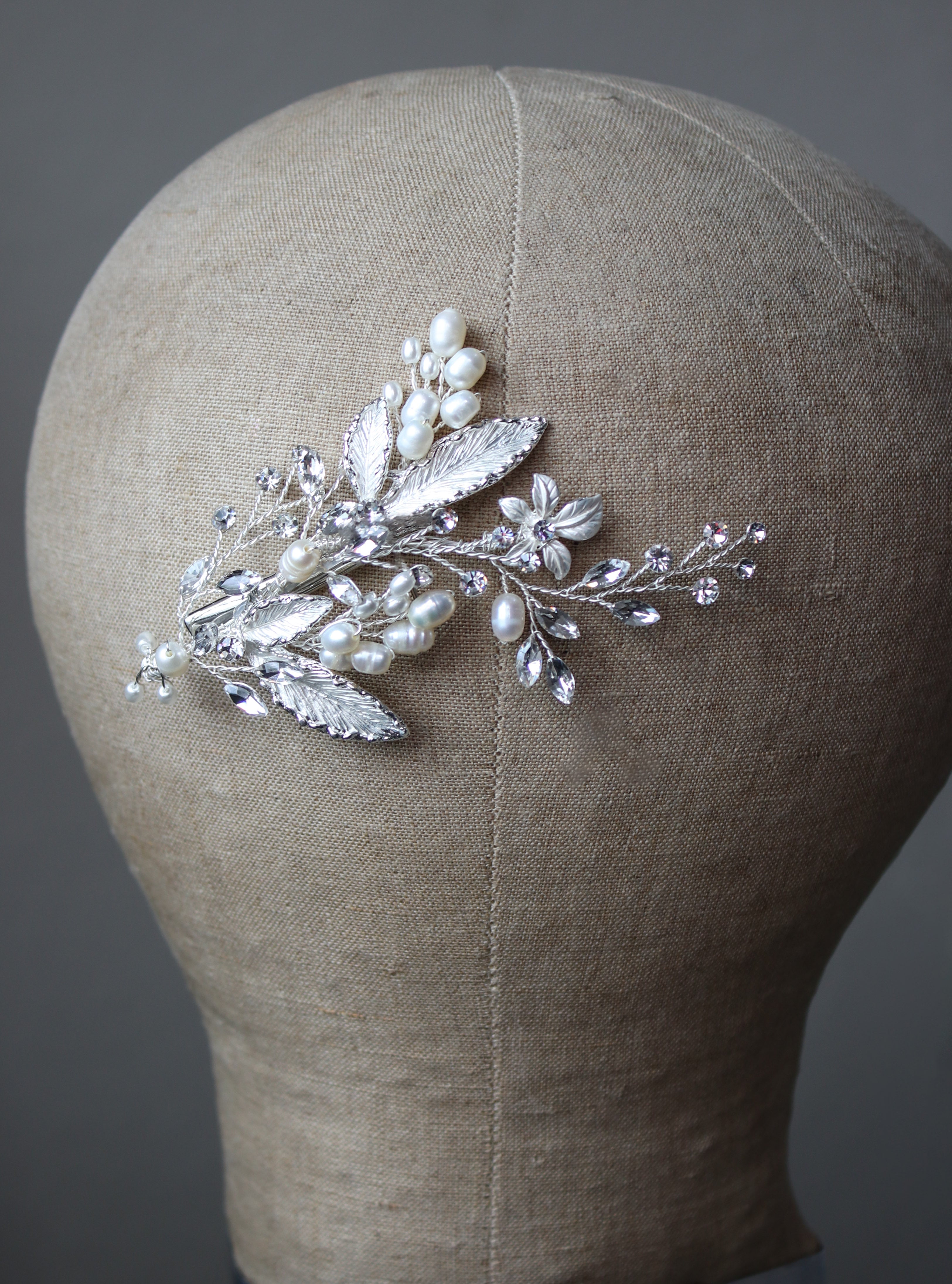 Freshwater Pearl and Leaf Silver Bridal Hair Clip | EDEN LUXE Bridal