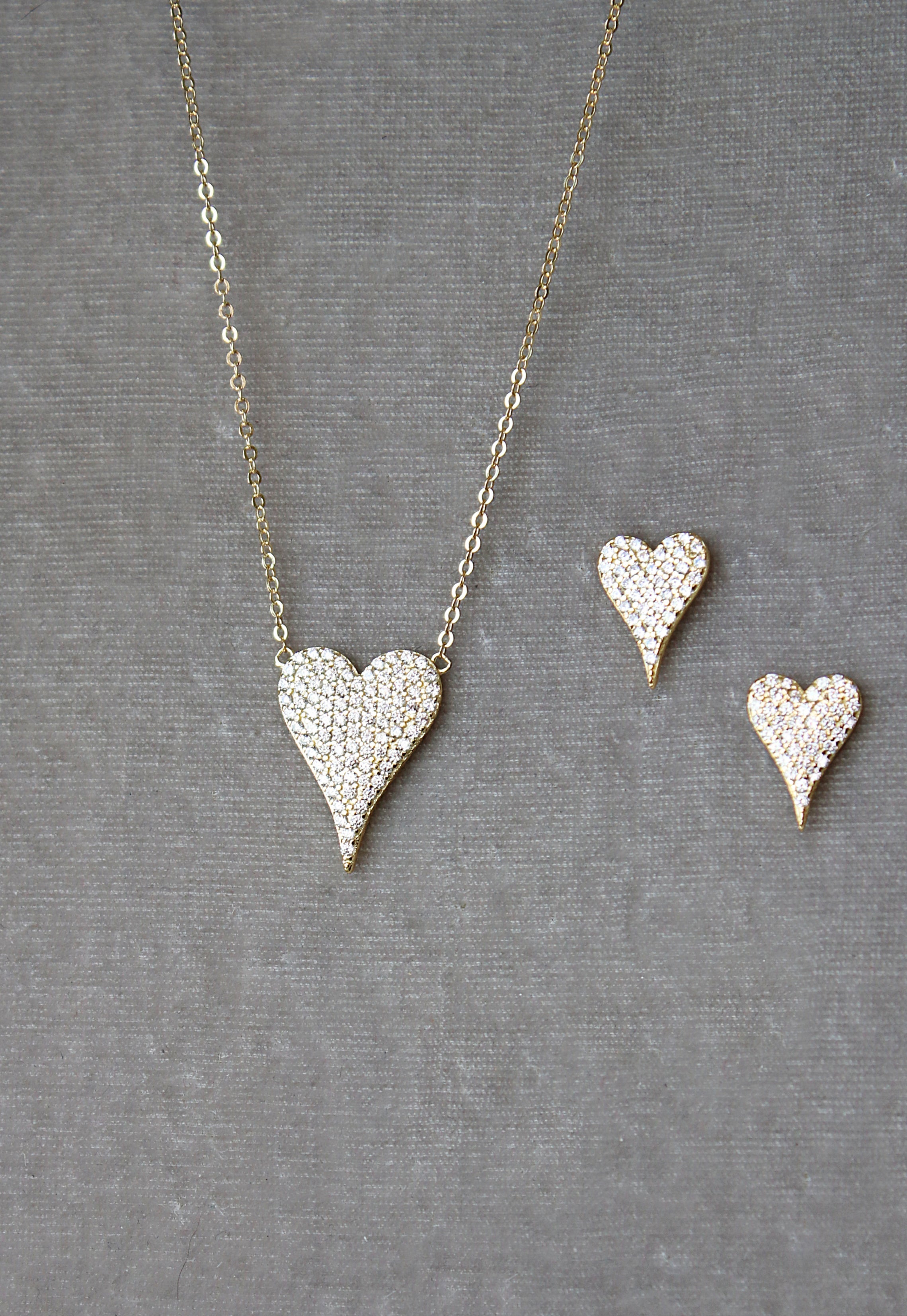 Pave Heart Necklace and Earrings in Gold | EDEN LUXE Bridal