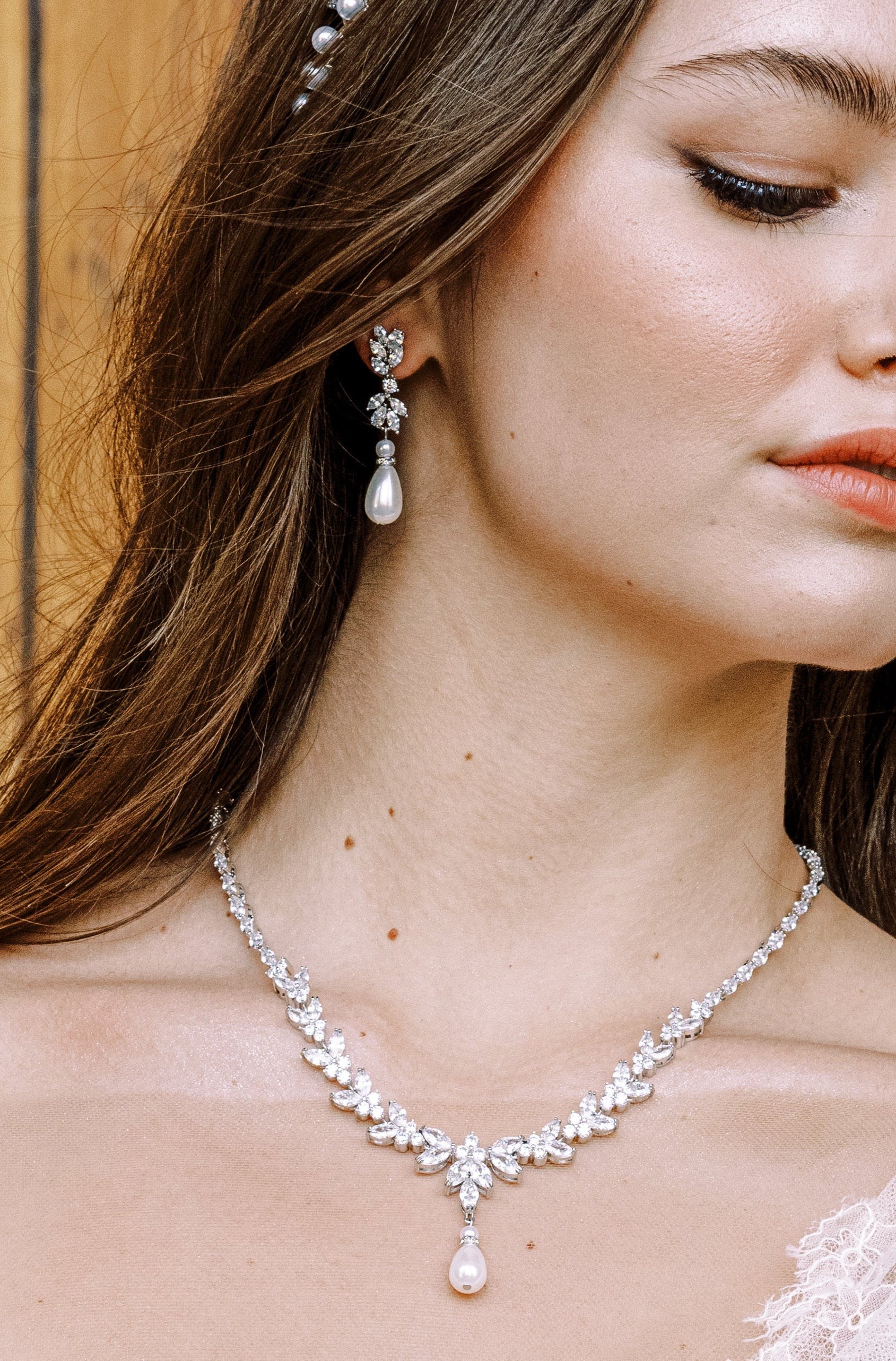 MADISON Simulated Diamond and Pearl Drop Earrings and Necklace Set