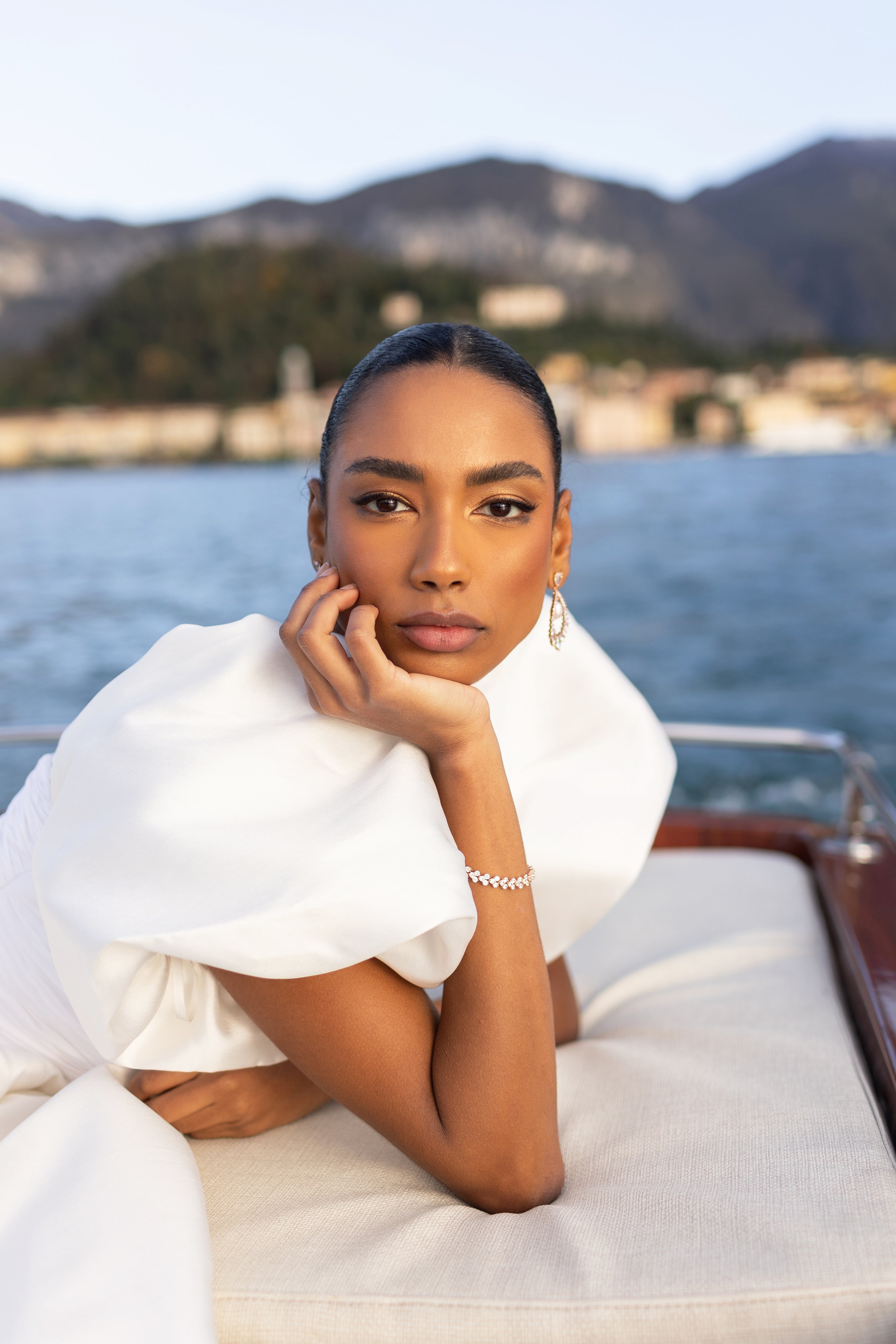 Bride Wearing Wedding Jewelry Mirabel Earrings and Angelique Bracelet | EDEN LUXE Bridal