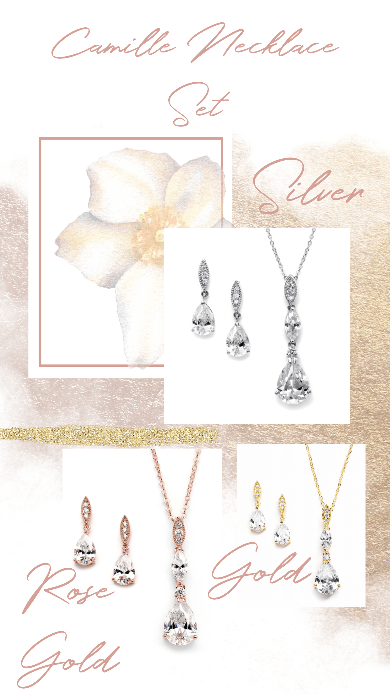 EDEN LUXE Bridal Earrings Rose Gold CAMILLE Simulated Diamond Drop Earrings and Necklace Set
