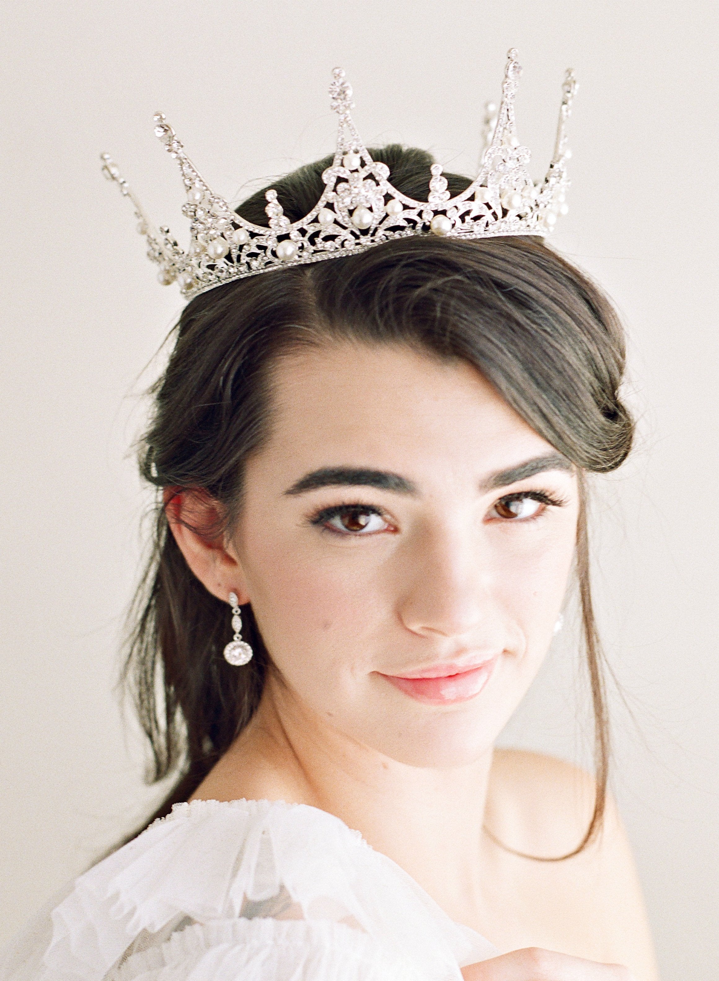 EDEN LUXE Bridal Full Crown CHARMAINE Full Wedding Crown and Earrings Suite