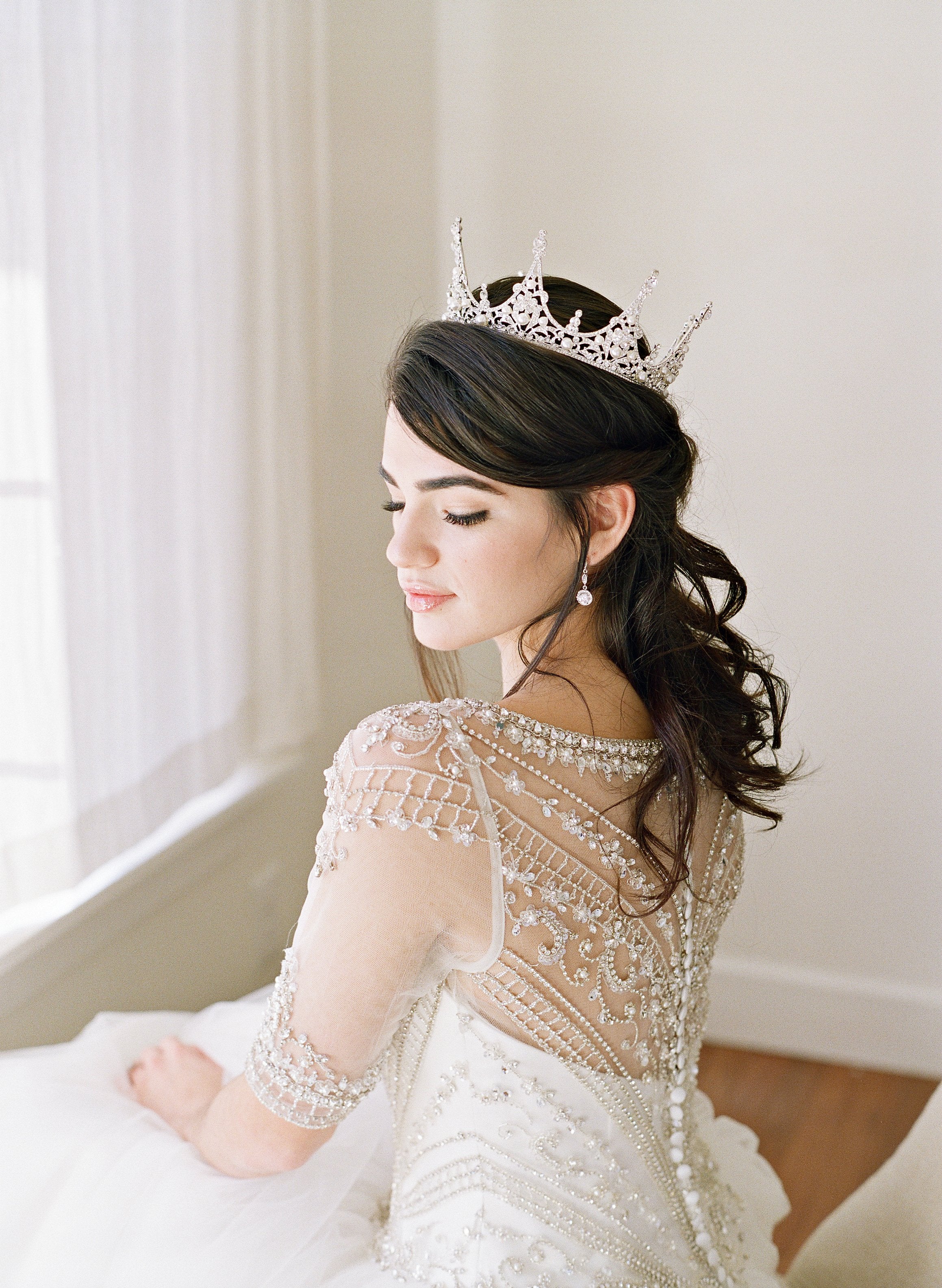EDEN LUXE Bridal Full Crown CHARMAINE Full Wedding Crown and Earrings Suite