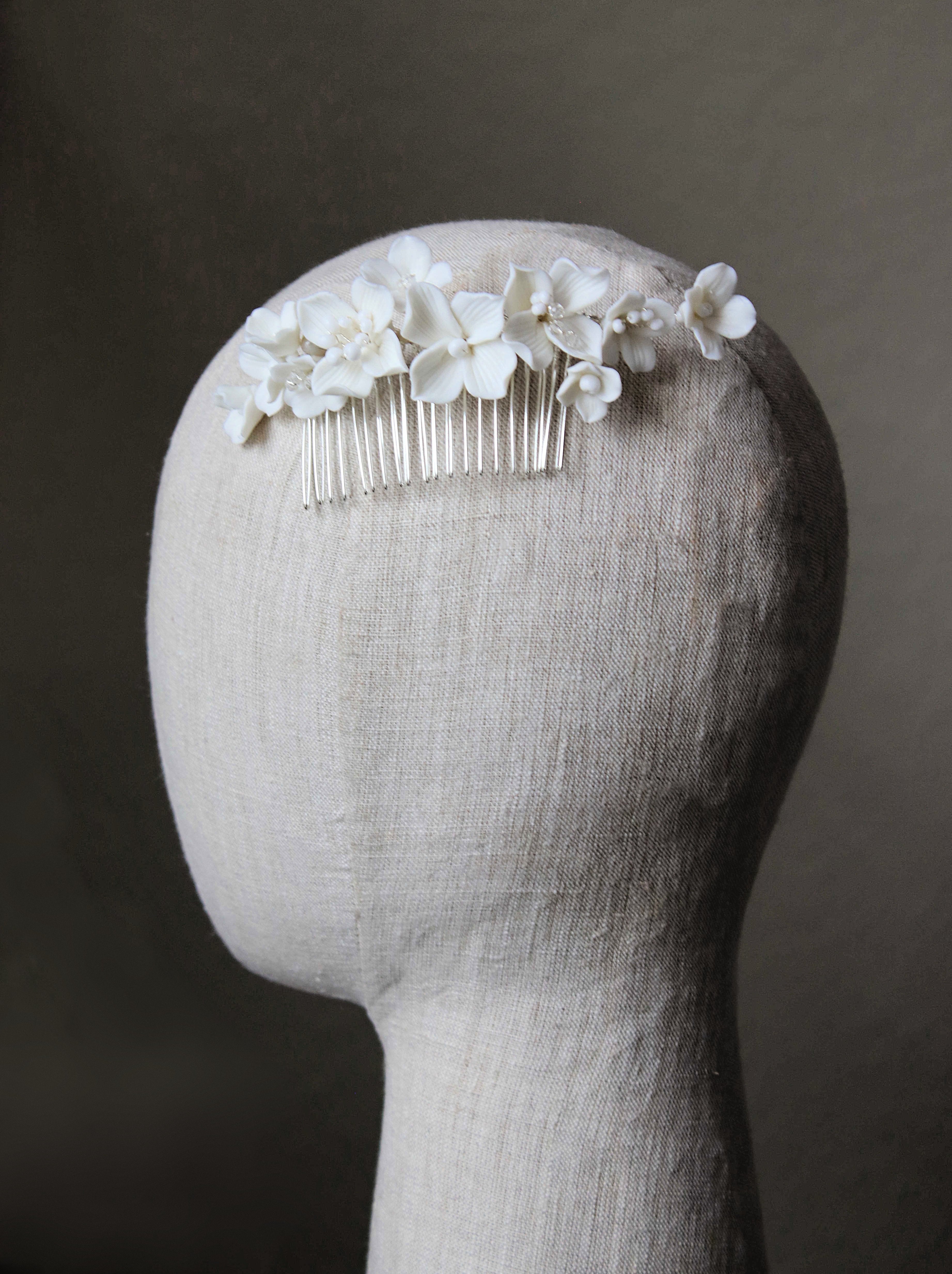 EDEN LUXE Bridal Hair Combs Silver BIANCA White Porcelain Floral Hair Comb