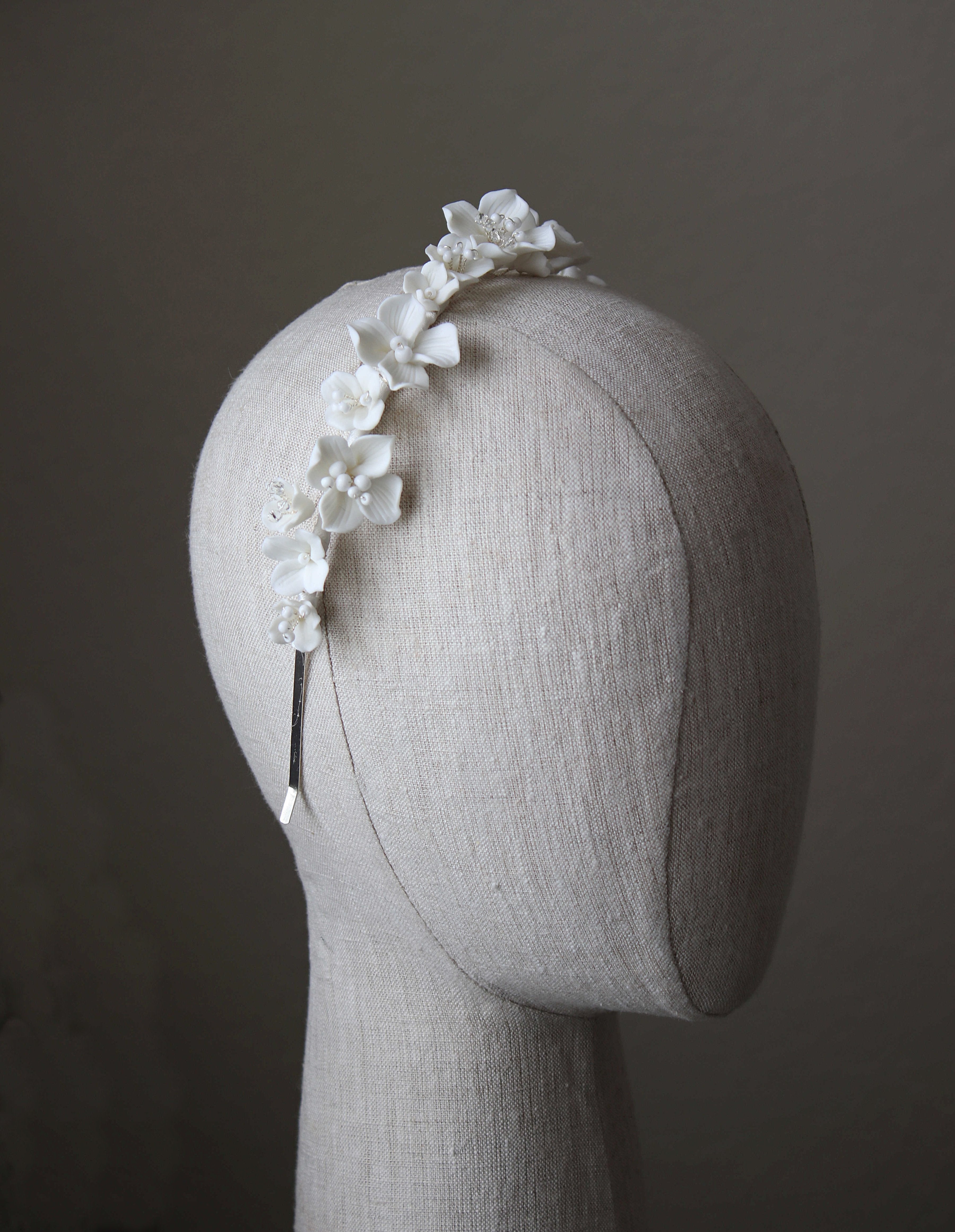EDEN LUXE Bridal Headpiece BIANCA White Porcelain Floral and Crystal Bridal Headband Headpiece Tiara