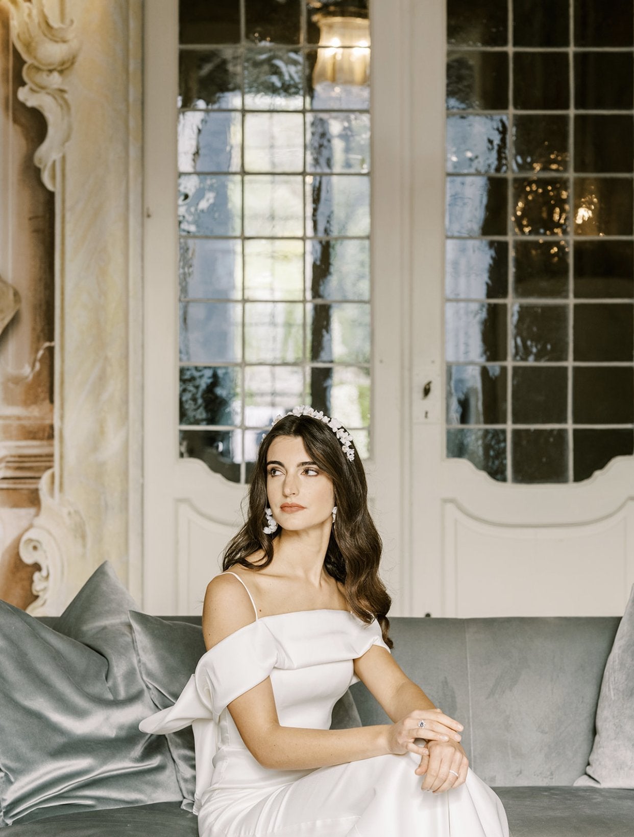 EDEN LUXE Bridal Headpiece BIANCA White Porcelain Floral and Crystal Bridal Headband Headpiece Tiara