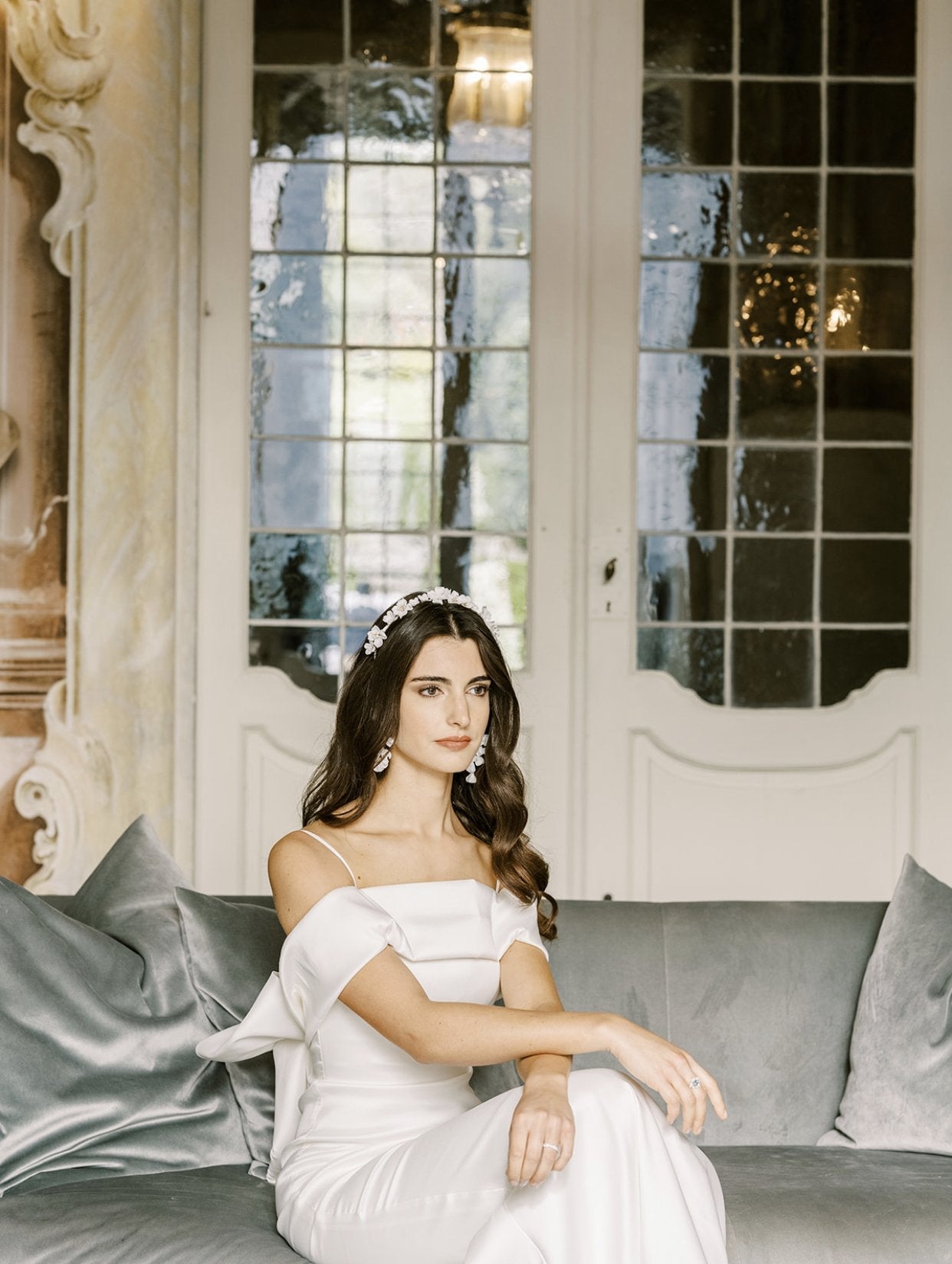 EDEN LUXE Bridal Headpiece BIANCA White Porcelain Floral and Crystal Bridal Headband Headpiece Tiara