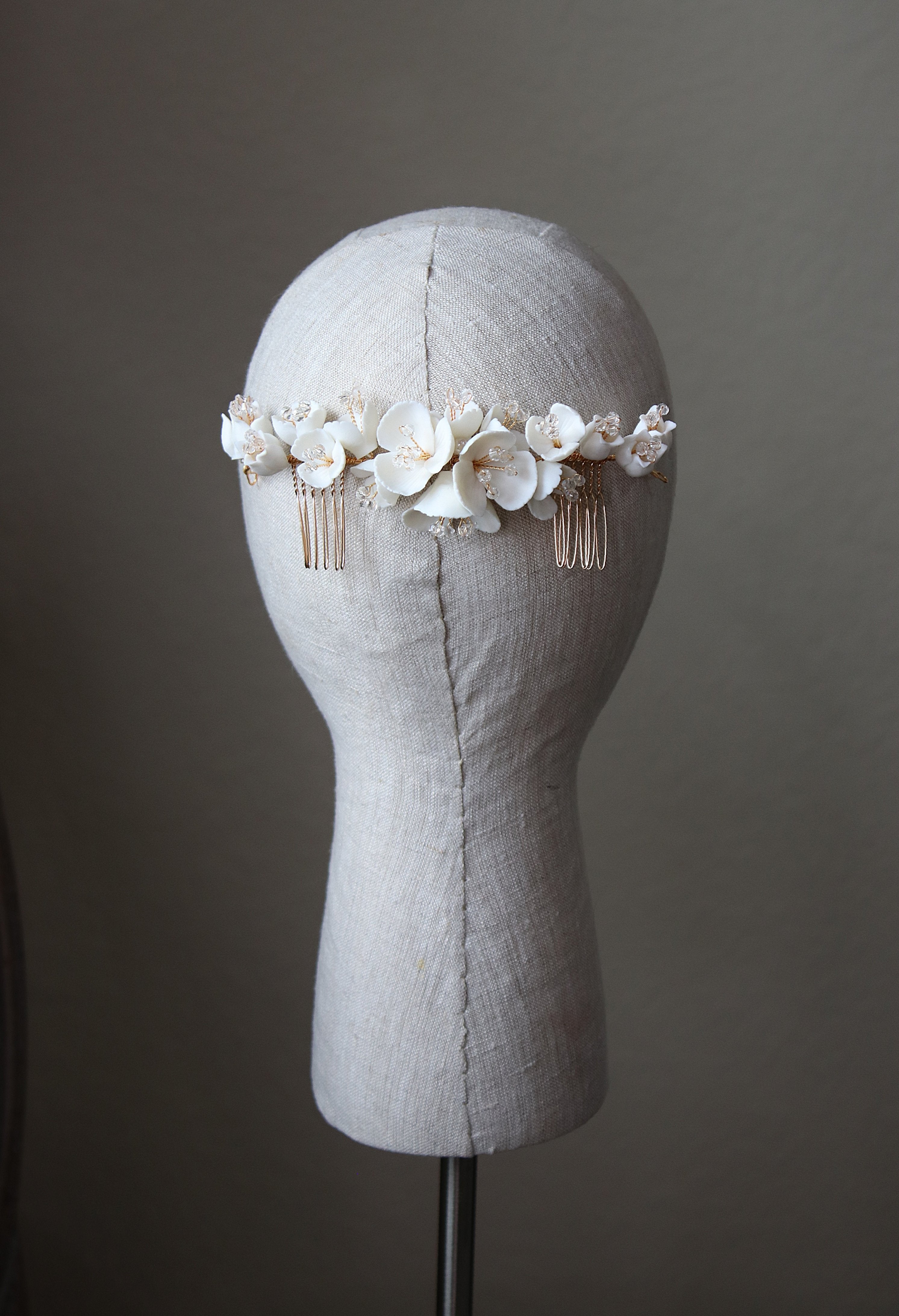 EDEN LUXE Bridal Headpiece Gold MADISON Porcelain Floral and Crystal Bridal Headpiece