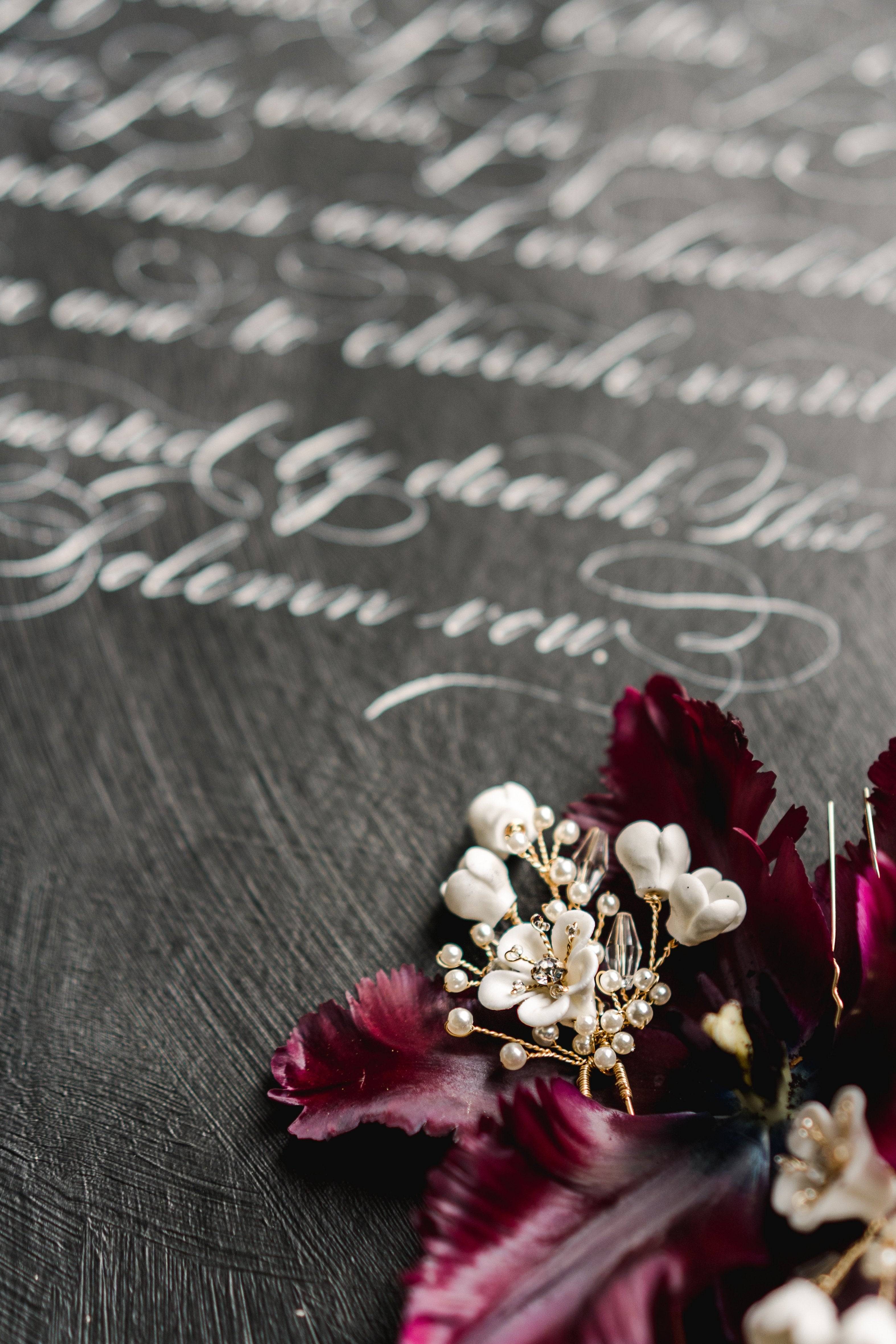 EDEN LUXE Bridal Headpiece JULIA Porcelain Blooms Comb and Hairpin Set