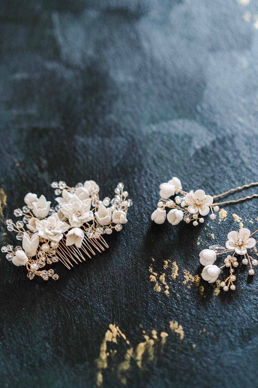 EDEN LUXE Bridal Headpiece JULIA Porcelain Blooms Comb and Hairpin Set