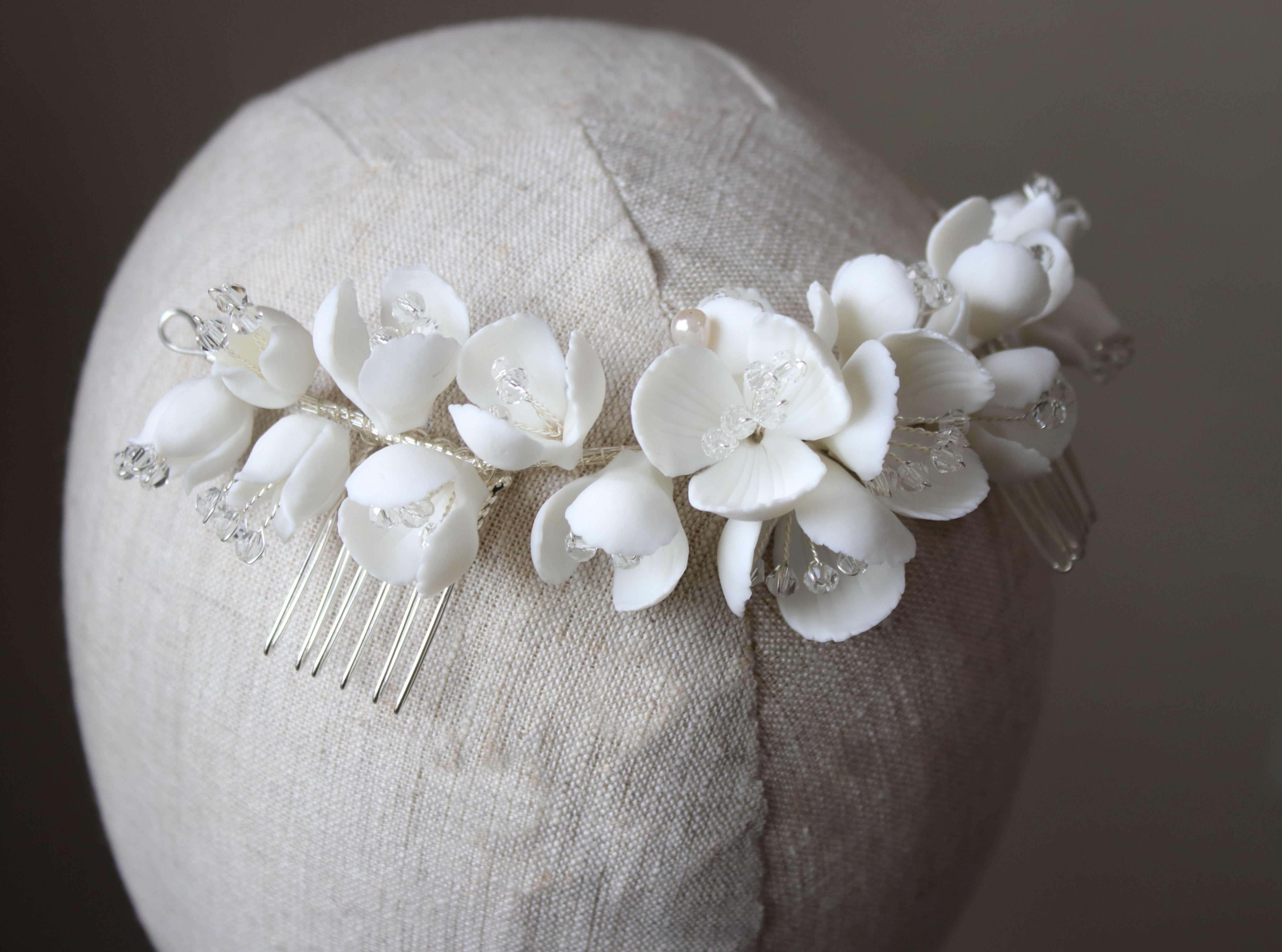 EDEN LUXE Bridal Headpiece Silver MADISON Porcelain Floral and Crystal Bridal Headpiece