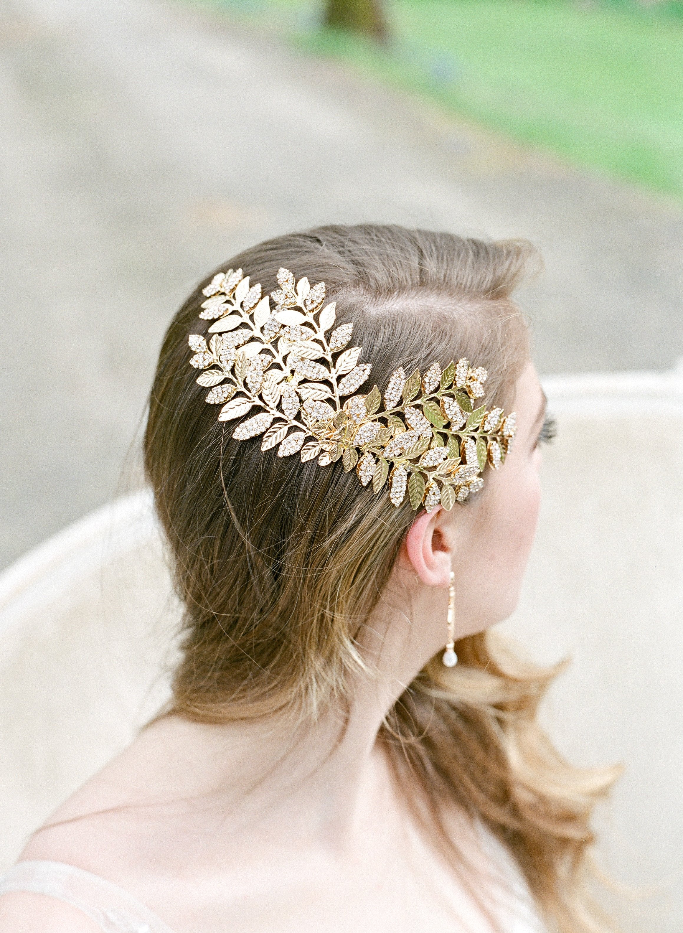 WYATT Swarovski Crystal Leaf Gold Bridal Headpiece