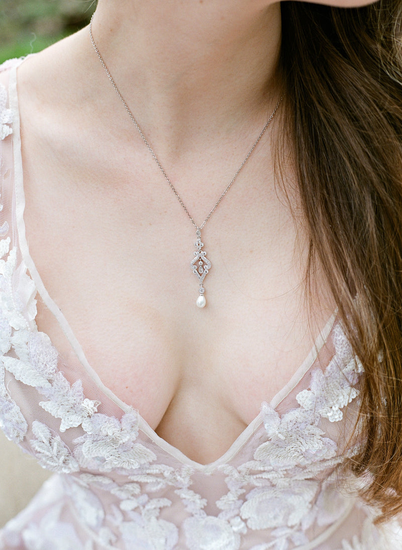 EDEN LUXE Bridal Necklace AURELIE Simulated Diamond and Pearl Drop Necklace