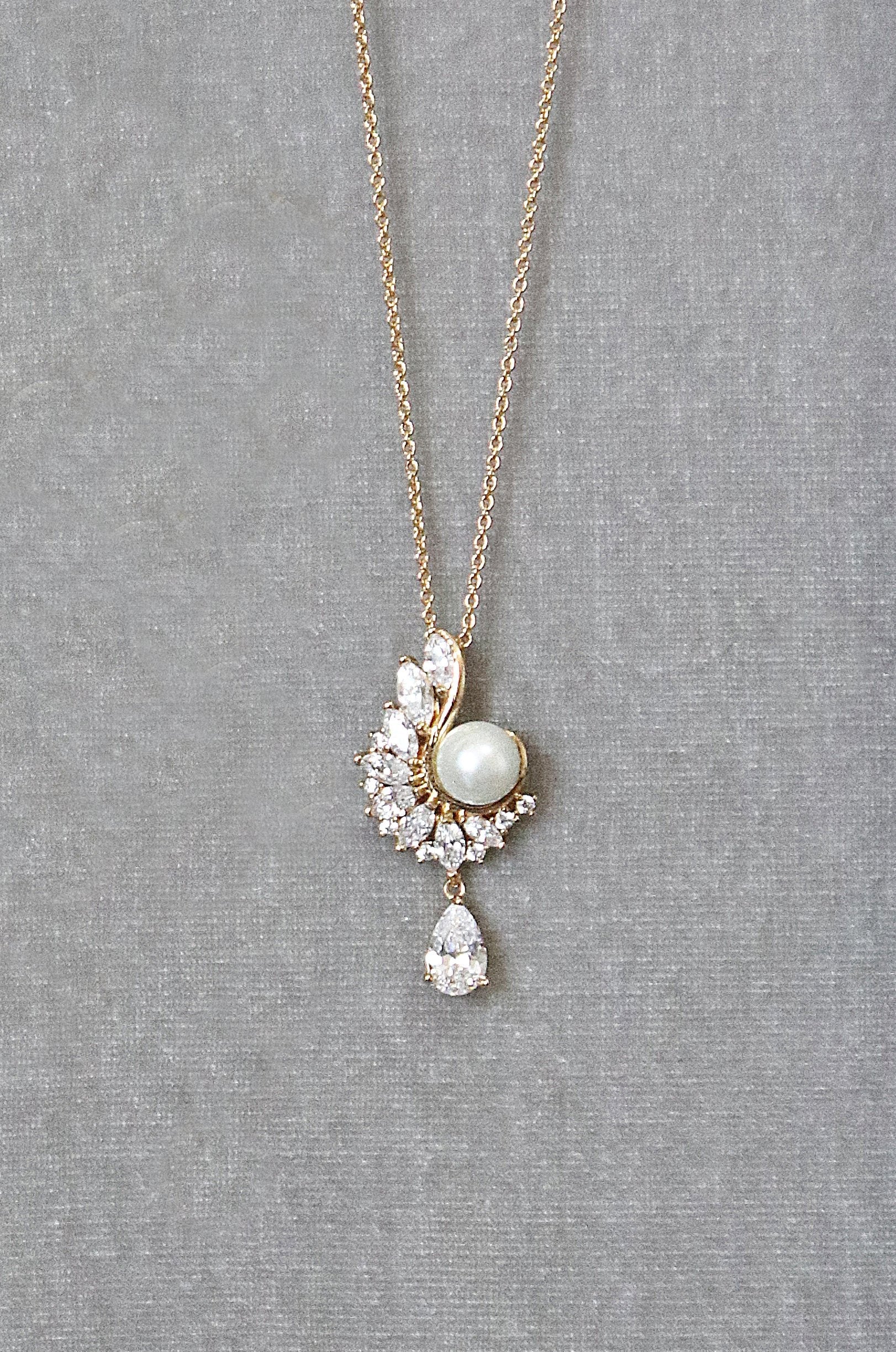 EDEN LUXE Bridal Necklace Gold Mirabel Necklace Only MIRABEL Simulated Diamond and Pearl Drop Necklace