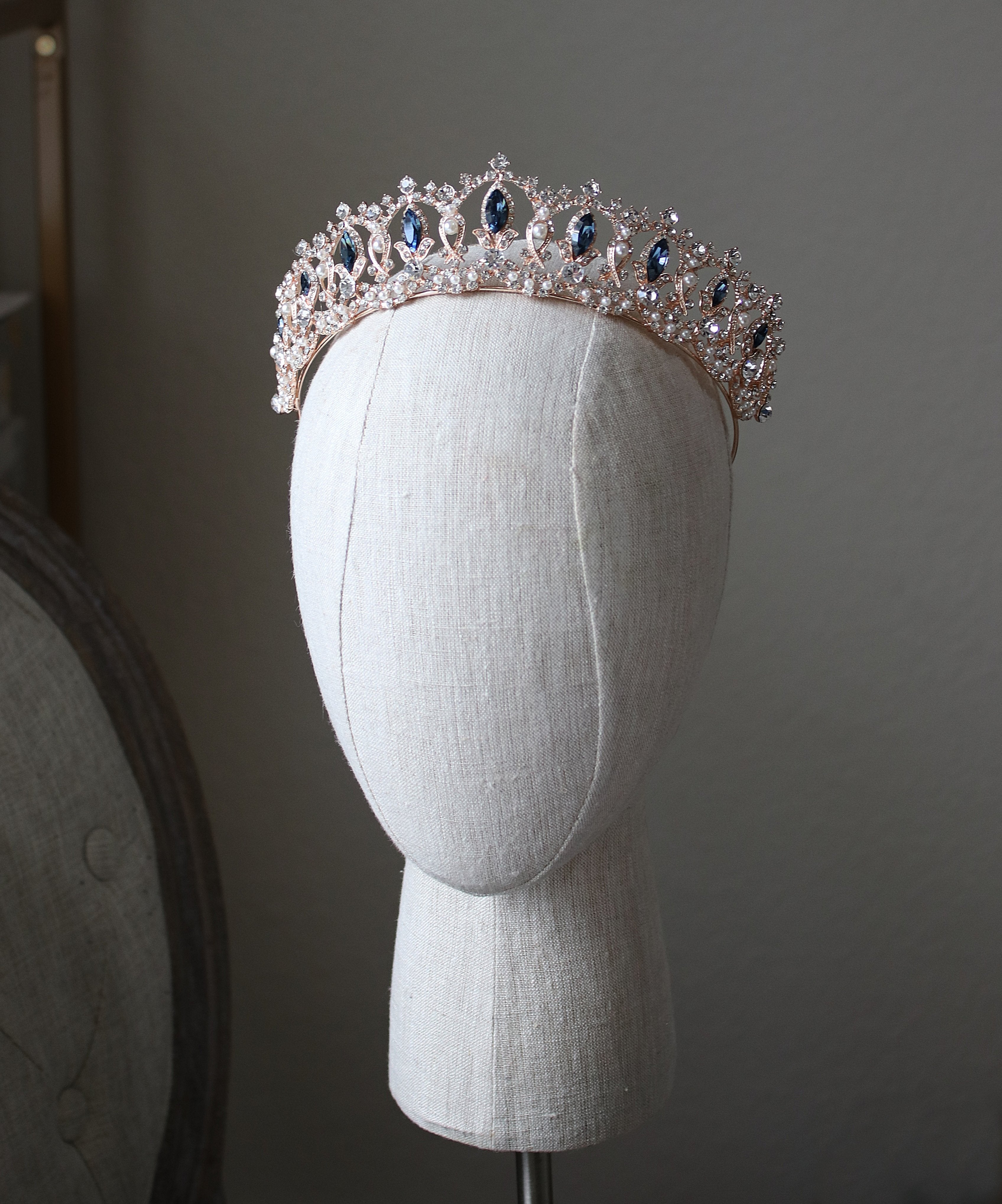 EDEN LUXE Bridal Tiara Colored Accent Stone Centers with Pearling Added GRAND SERENA Rose Gold Tiara with Colored Accent Stones