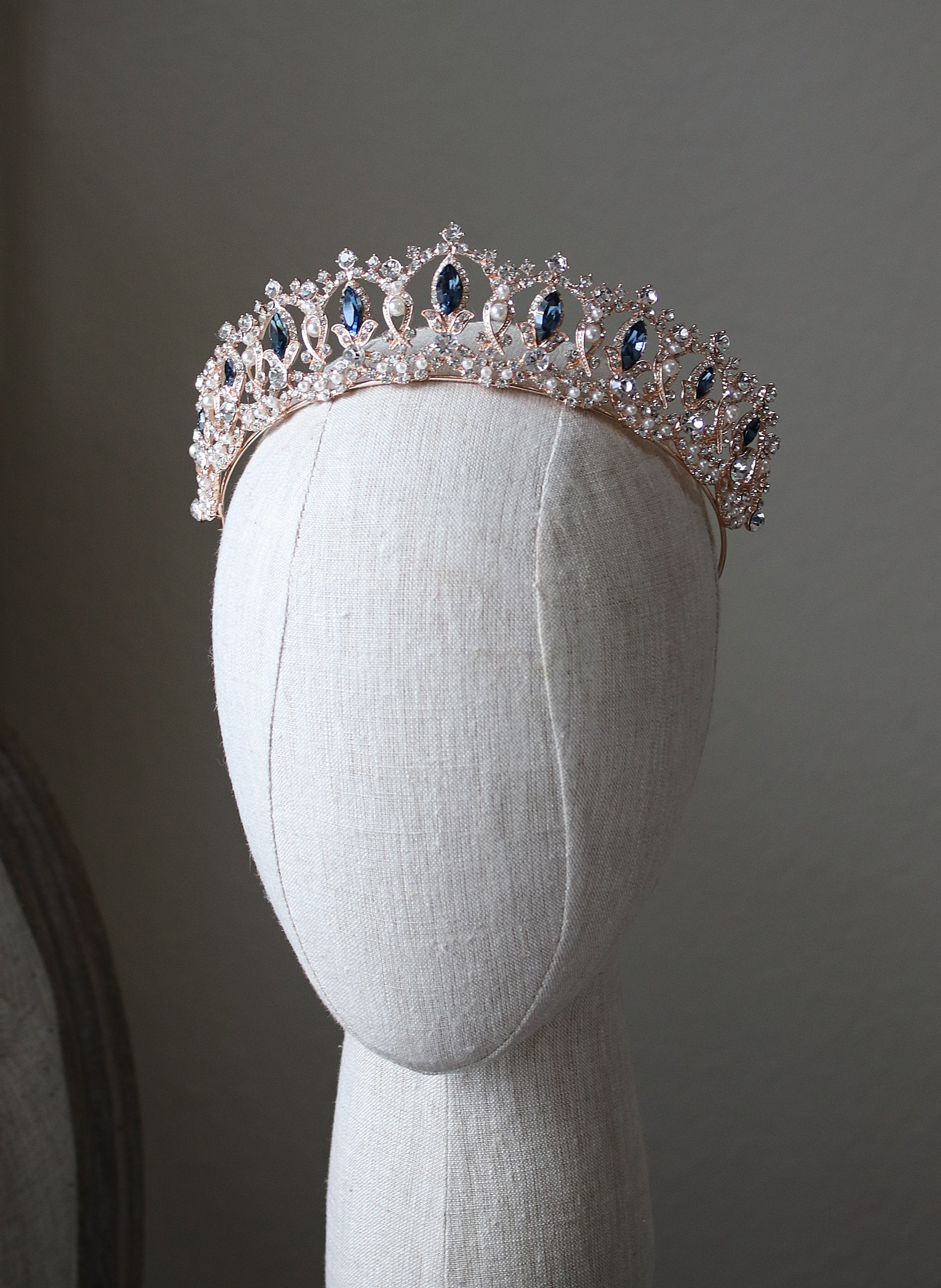 EDEN LUXE Bridal Tiara Colored Accent Stone Centers with Pearling Added GRAND SERENA Rose Gold Tiara with London Blue Accent Stones and Pearls