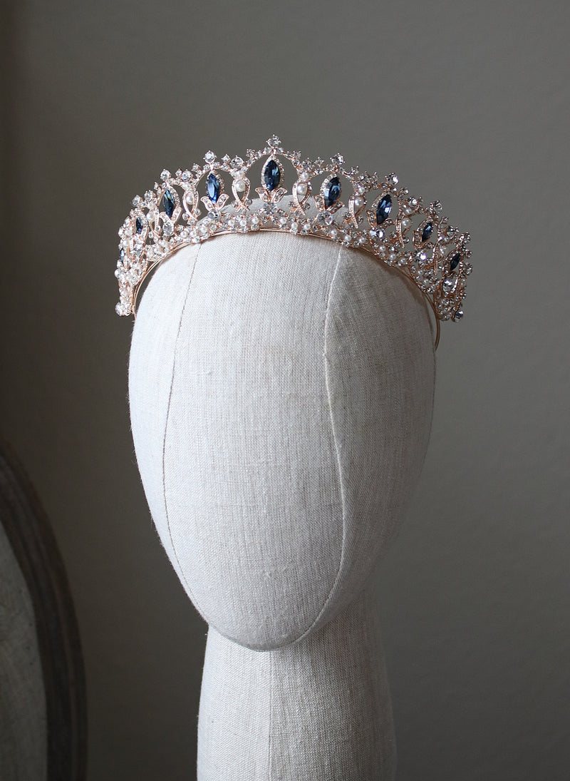 EDEN LUXE Bridal Tiara Colored Accent Stone Centers with Pearling Added GRAND SERENA Rose Gold Tiara with London Blue Accent Stones and Pearls