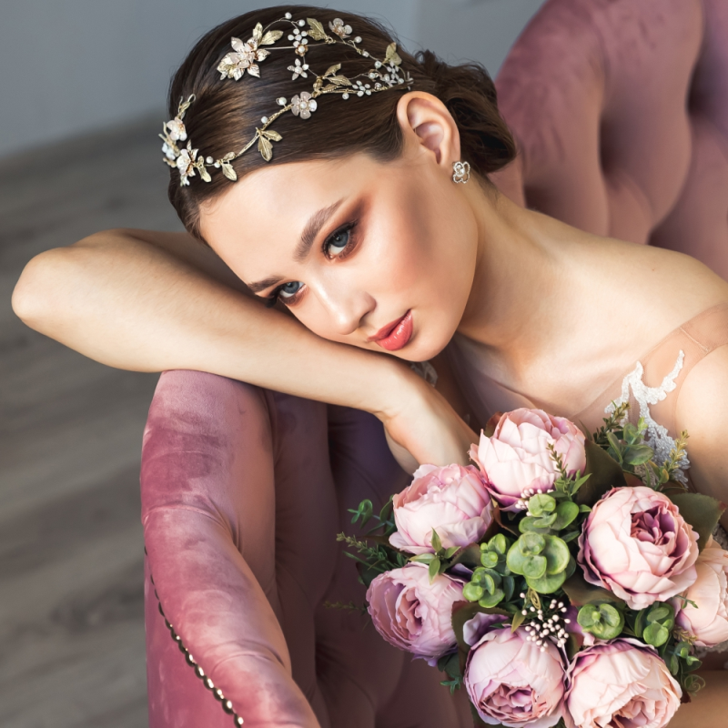 Gold Bridal Halo Headpiece Juliet | Eden Luxe Bridal Gold / Pale Blush Ribbon Ties