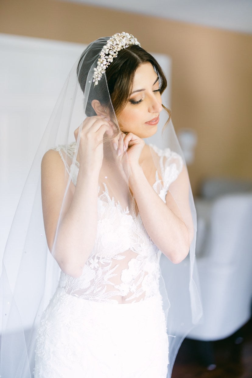 EDEN LUXE Bridal Tiara RANIER Crystal and All Freshwater Pearl Headpiece Tiara and Genuine Blue Topaz Briolette Accent