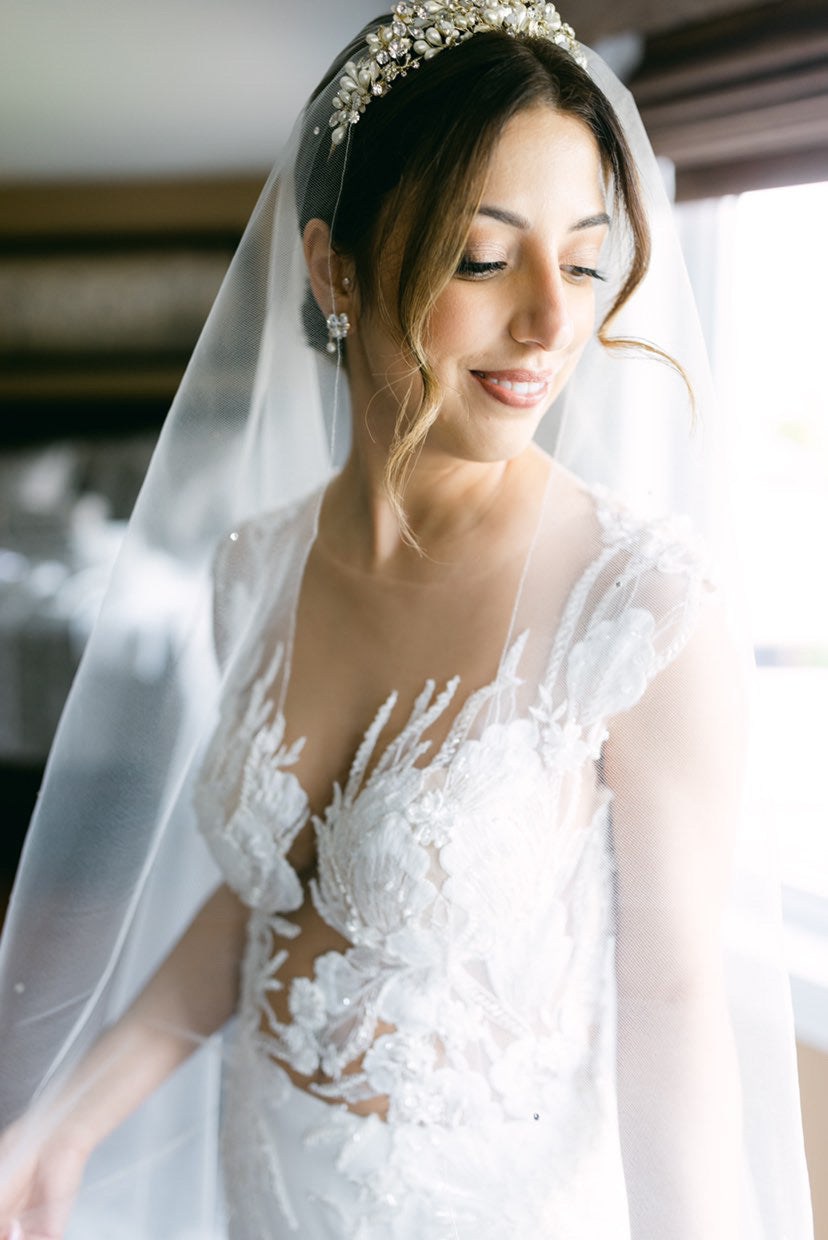 EDEN LUXE Bridal Tiara RANIER Crystal and All Freshwater Pearl Headpiece Tiara and Genuine Blue Topaz Briolette Accent