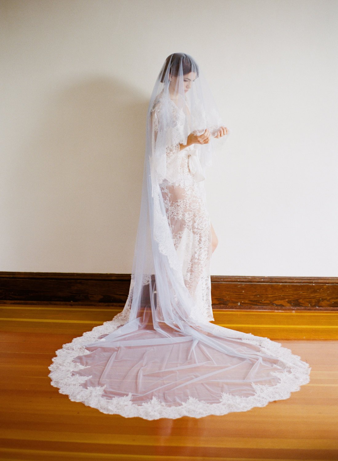 lace dress with veil Light Blue Cathedral Veil Lace EVERMORE Cathedral Veil