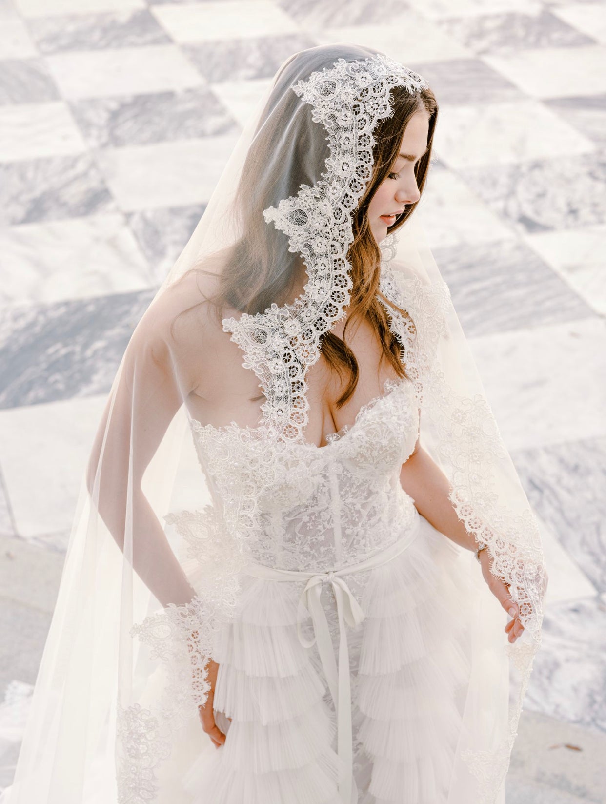 EDEN LUXE Bridal Veils VALENTINA Chantilly Lace Edged Drop Cathedral Bridal Veil