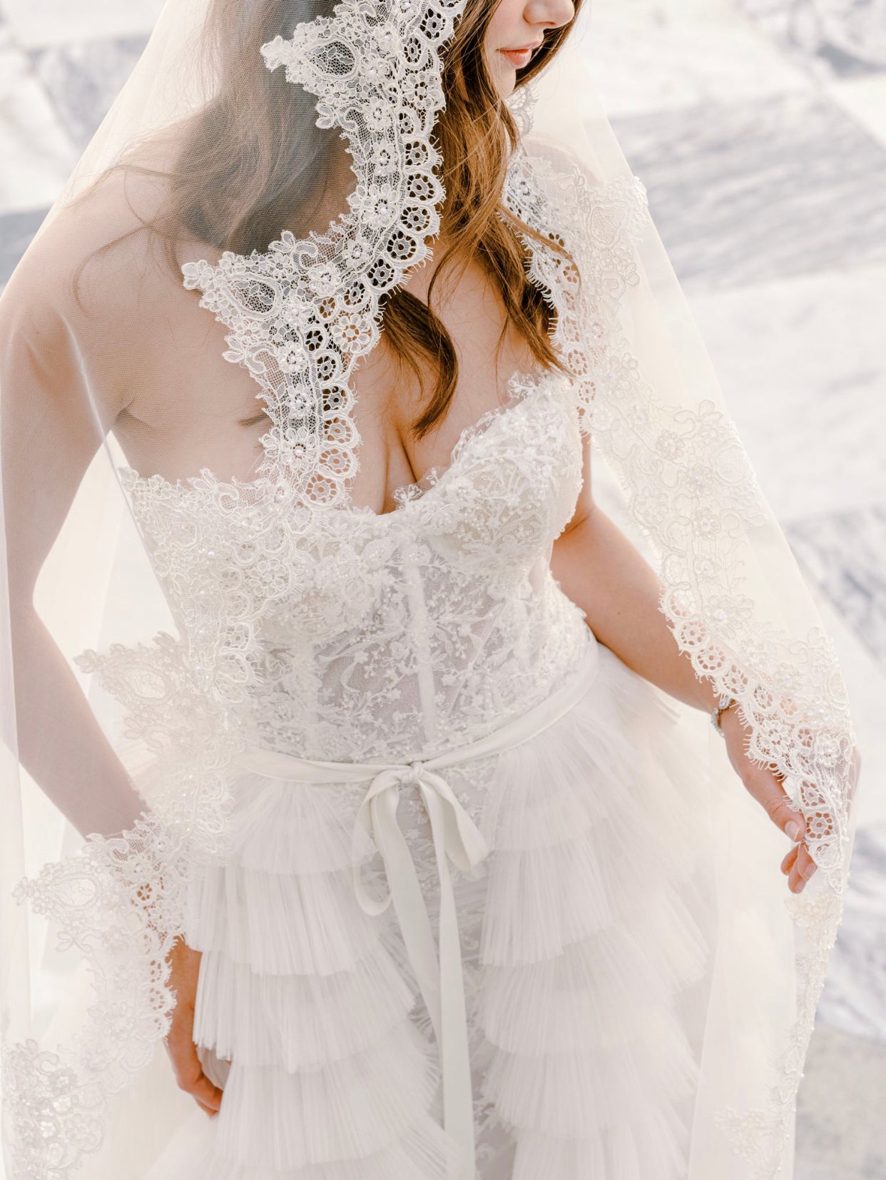 EDEN LUXE Bridal Veils VALENTINA Chantilly Lace Edged Drop Cathedral Bridal Veil