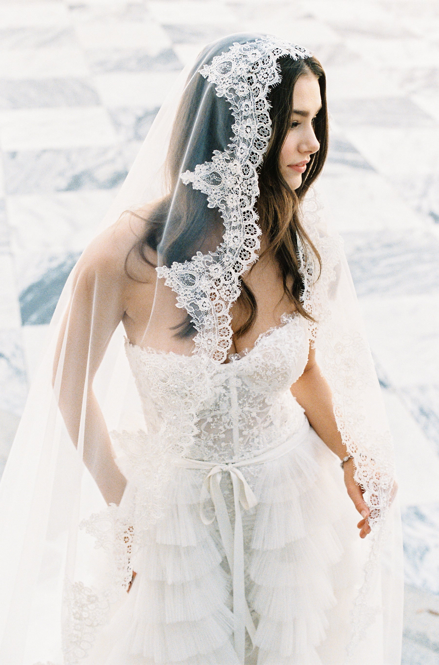 EDEN LUXE Bridal Veils VALENTINA Chantilly Lace Edged Drop Cathedral Bridal Veil