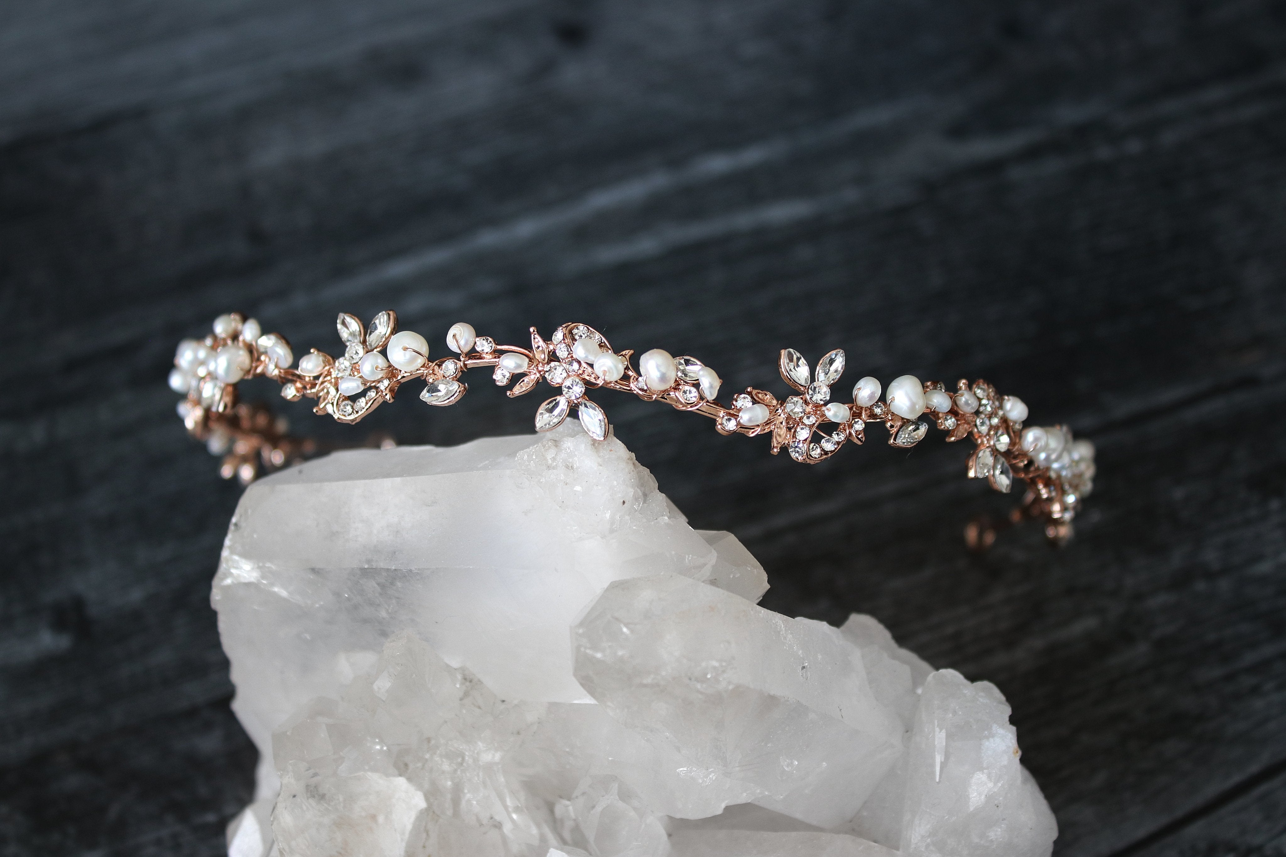 EDSLB Headpieces ABIGAIL Rose Gold and Freshwater Pearl Bridal Crystal Headband