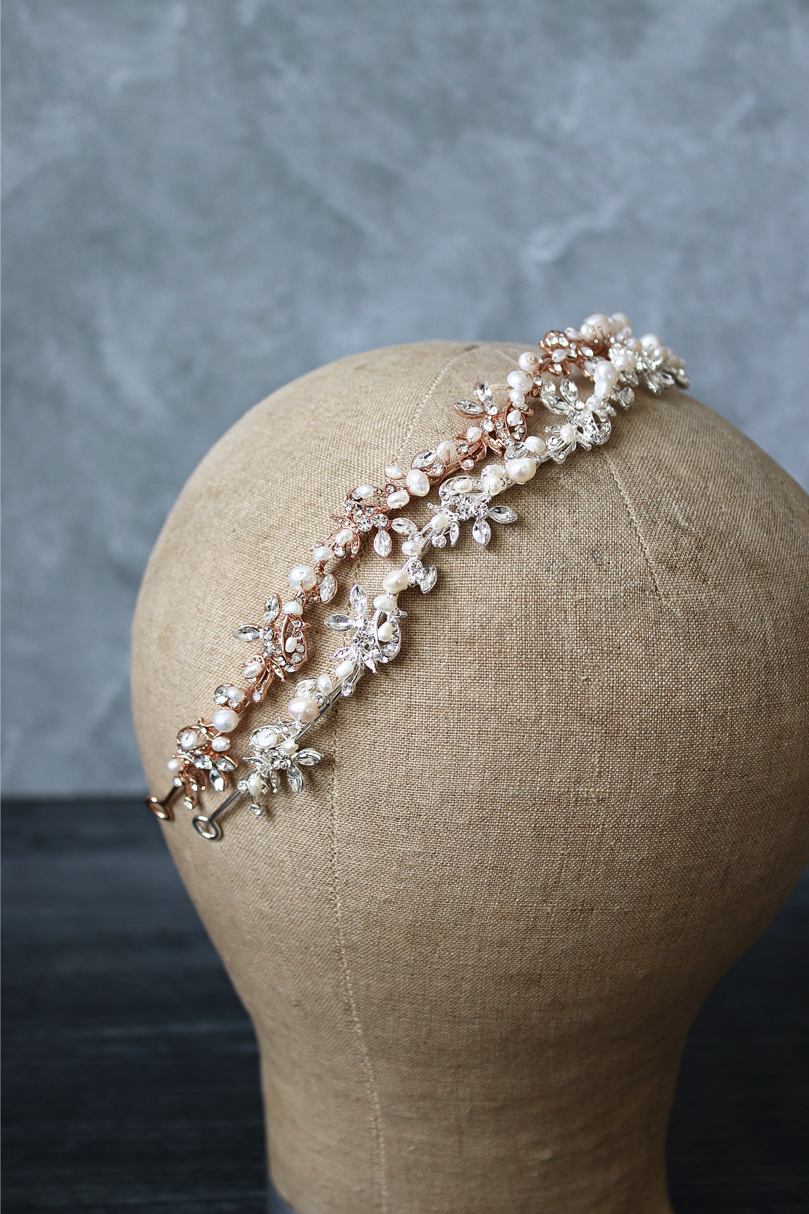 EDSLB Headpieces ABIGAIL Rose Gold and Freshwater Pearl Bridal Crystal Headband