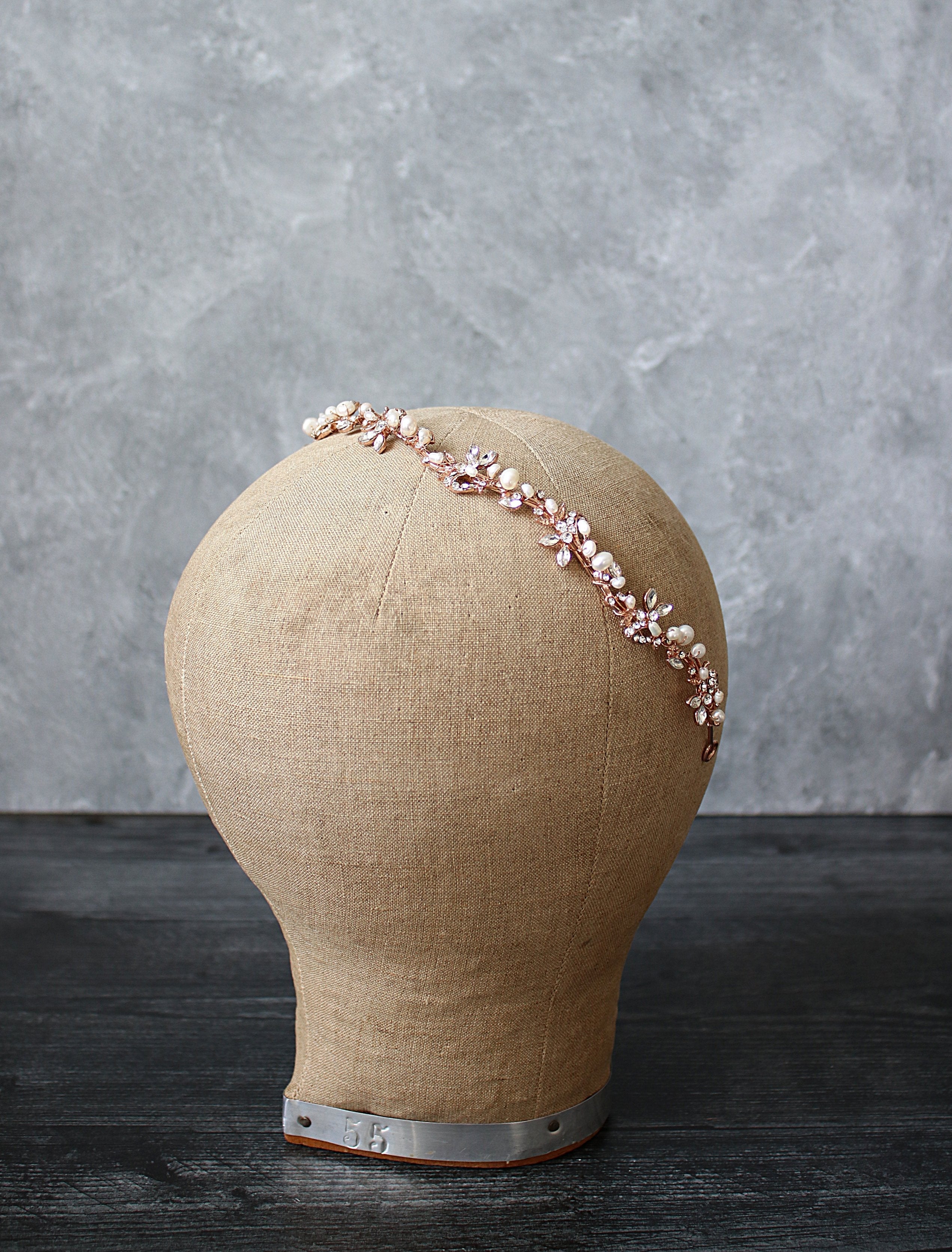 EDSLB Headpieces ABIGAIL Rose Gold and Freshwater Pearl Bridal Crystal Headband