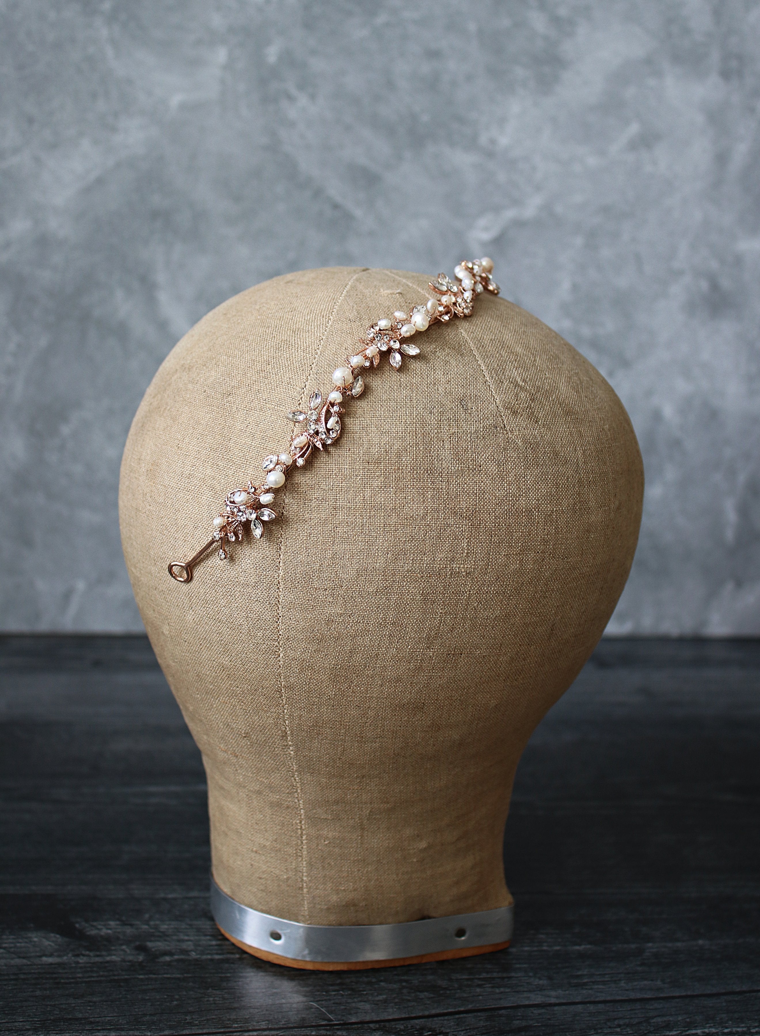 EDSLB Headpieces ABIGAIL Rose Gold and Freshwater Pearl Bridal Crystal Headband