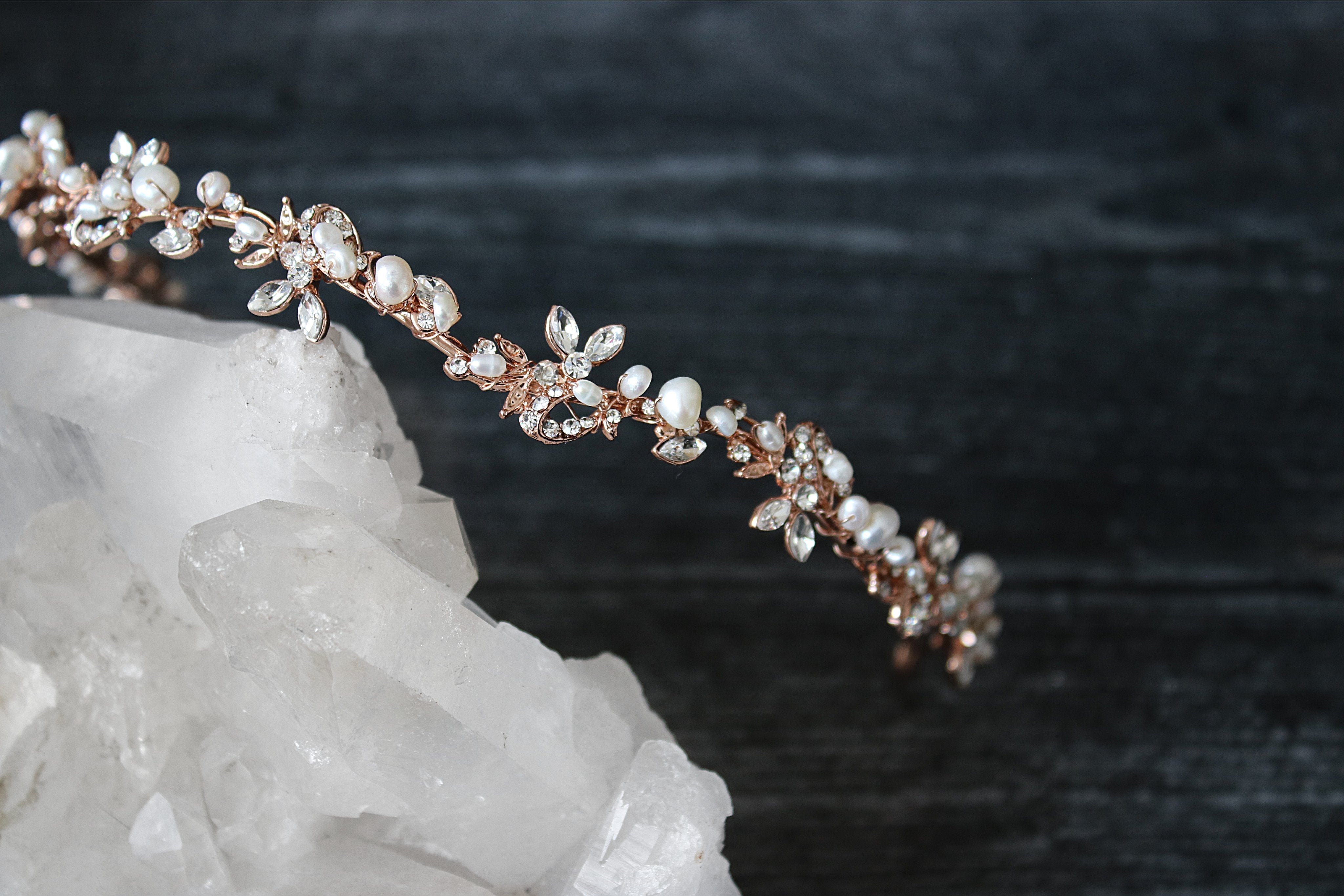 EDSLB Headpieces ABIGAIL Rose Gold and Freshwater Pearl Bridal Crystal Headband