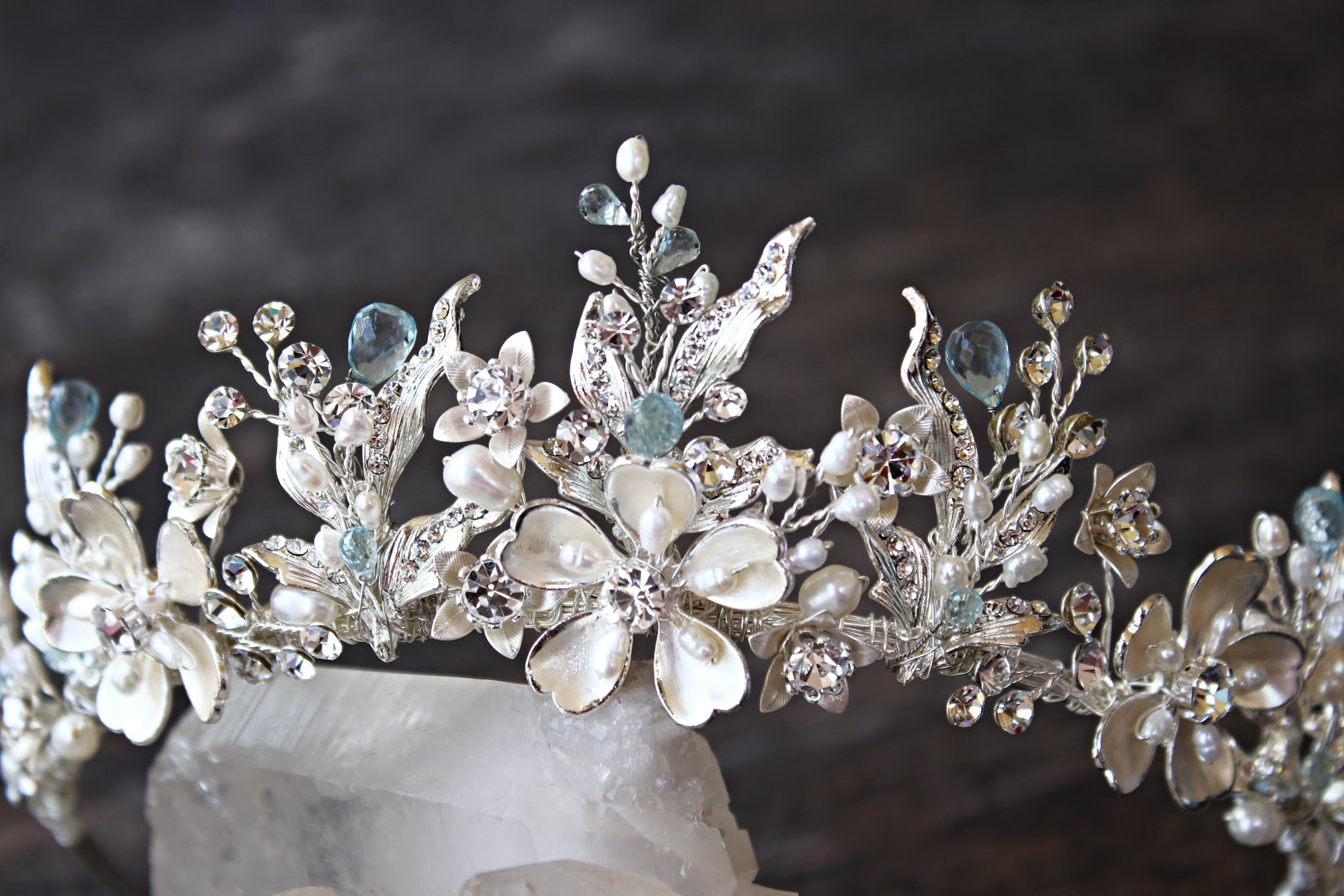 Tiara, Tiaras GENEVIEVE Tiara with Genuine Aquamarine and Blue Topaz Gemstone Briolettes