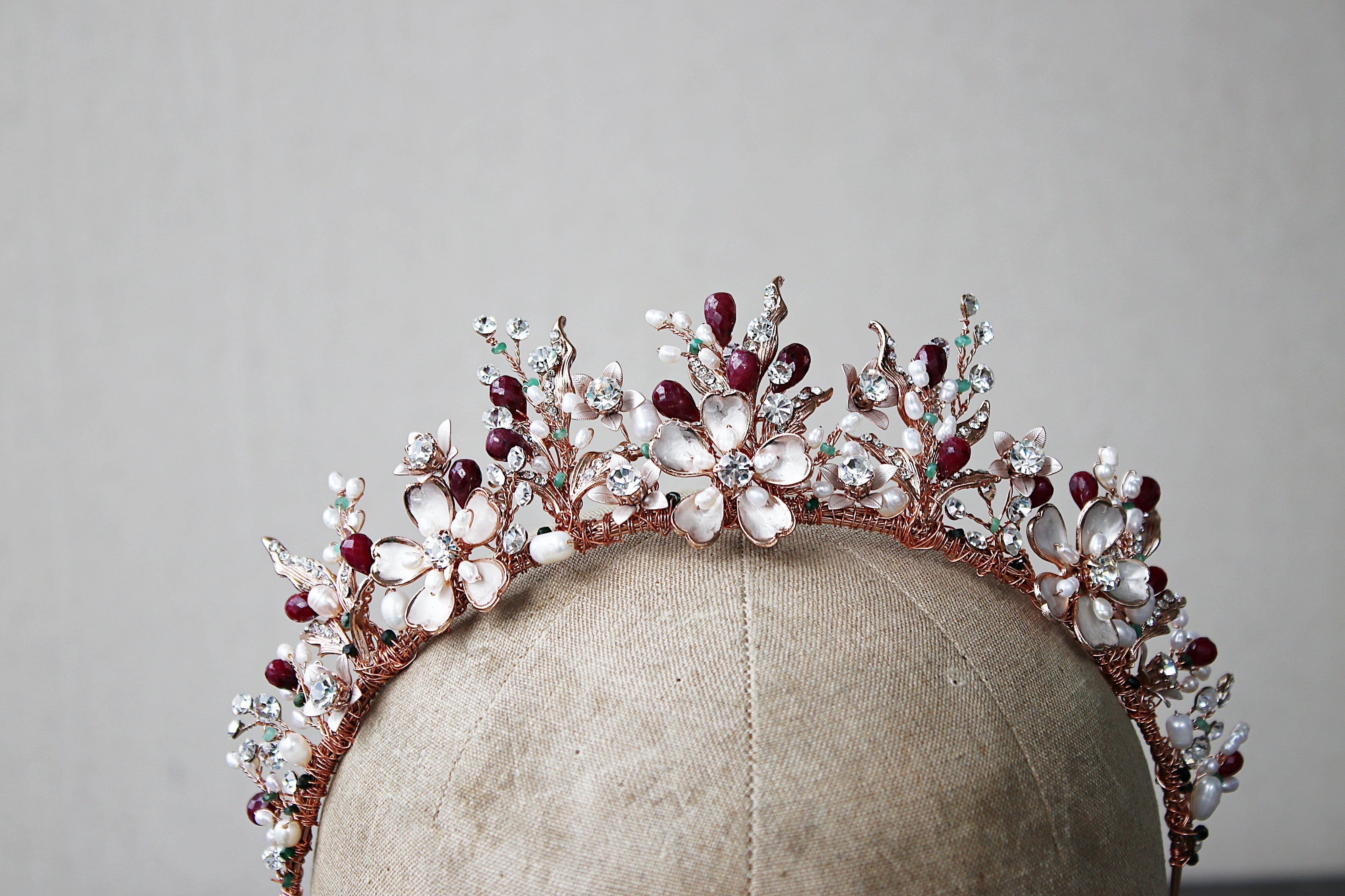ELBDC Tiara, Tiaras GENEVIEVE Tiara with Ruby and Emerald Briolettes