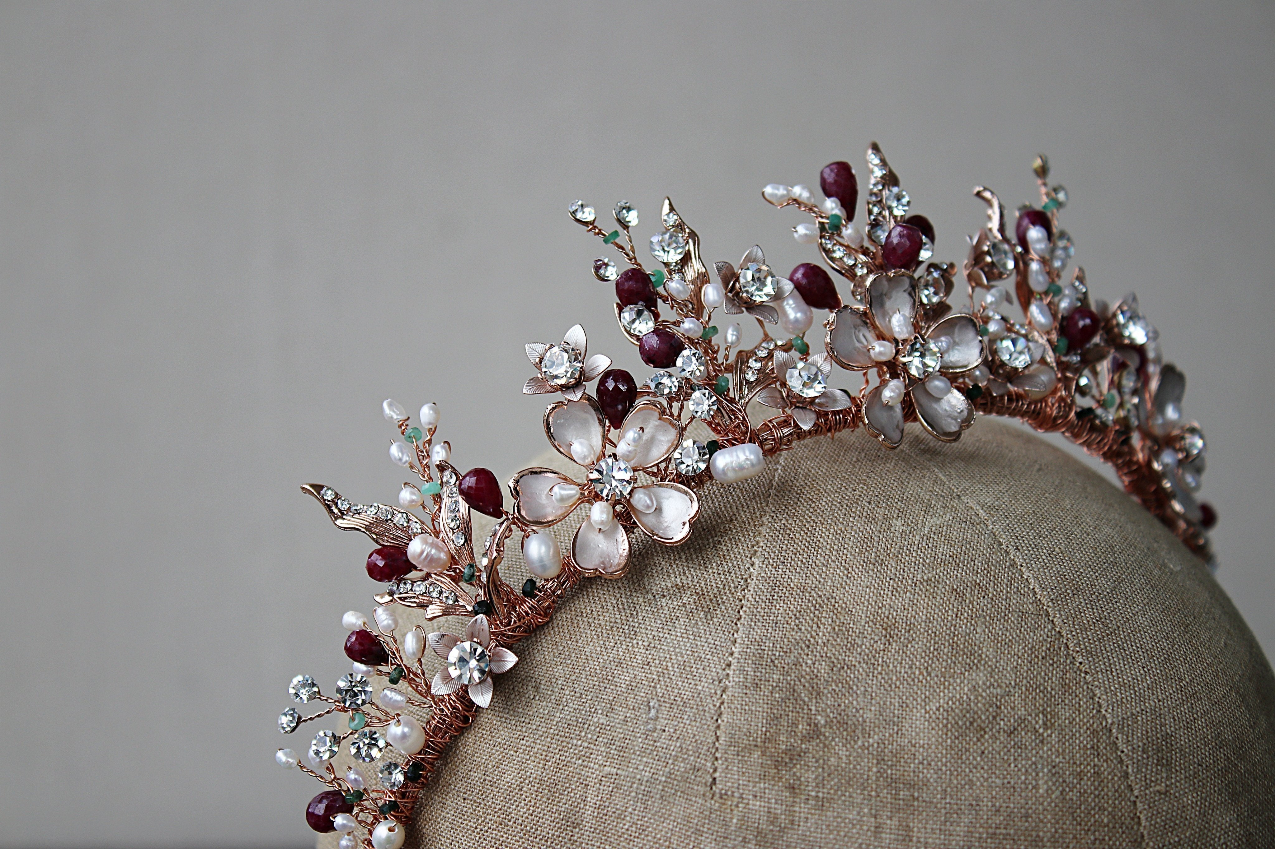 ELBDC Tiara, Tiaras GENEVIEVE Tiara with Ruby and Emerald Briolettes