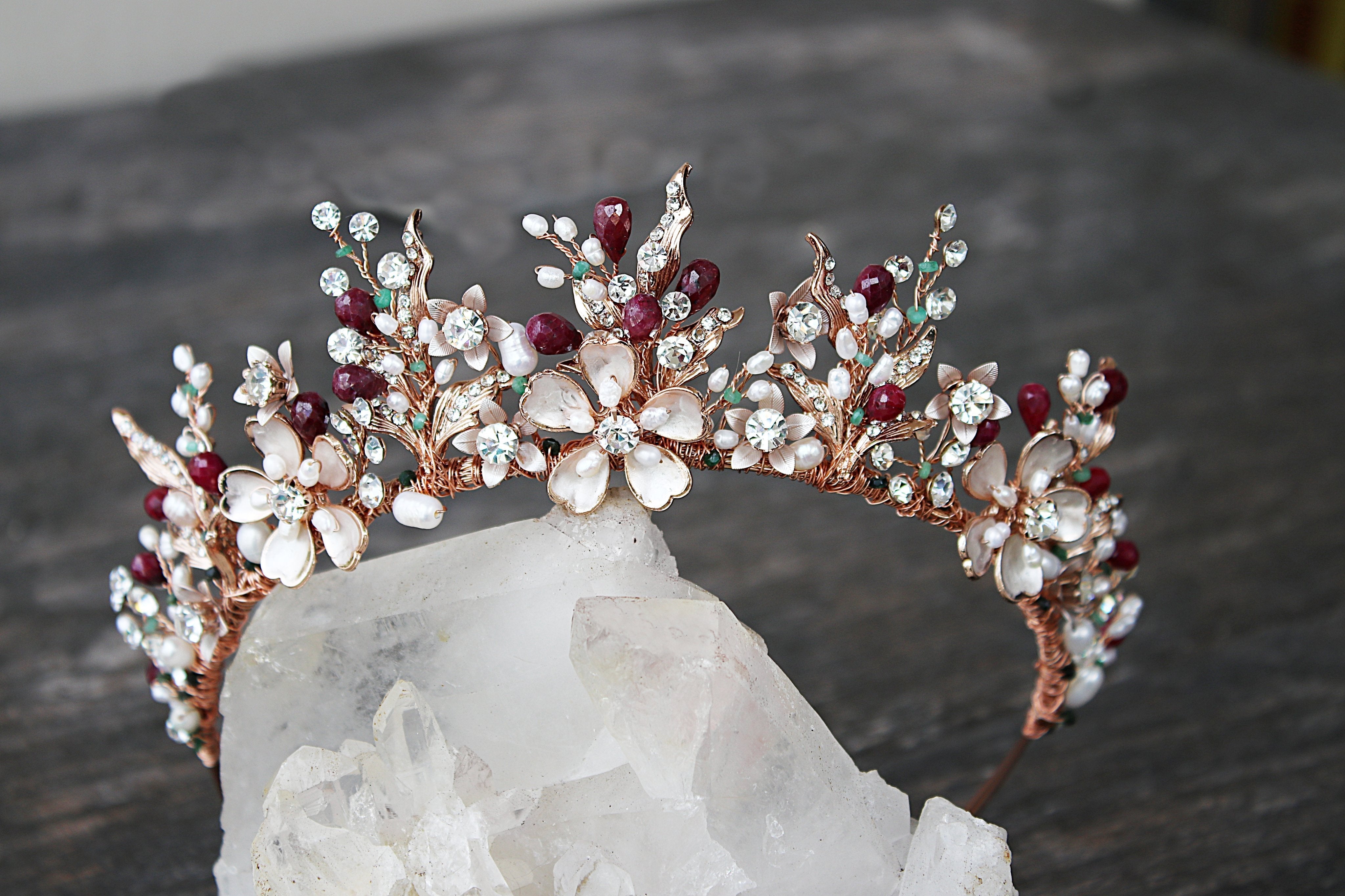 ELBDC Tiara, Tiaras GENEVIEVE Tiara with Ruby and Emerald Briolettes