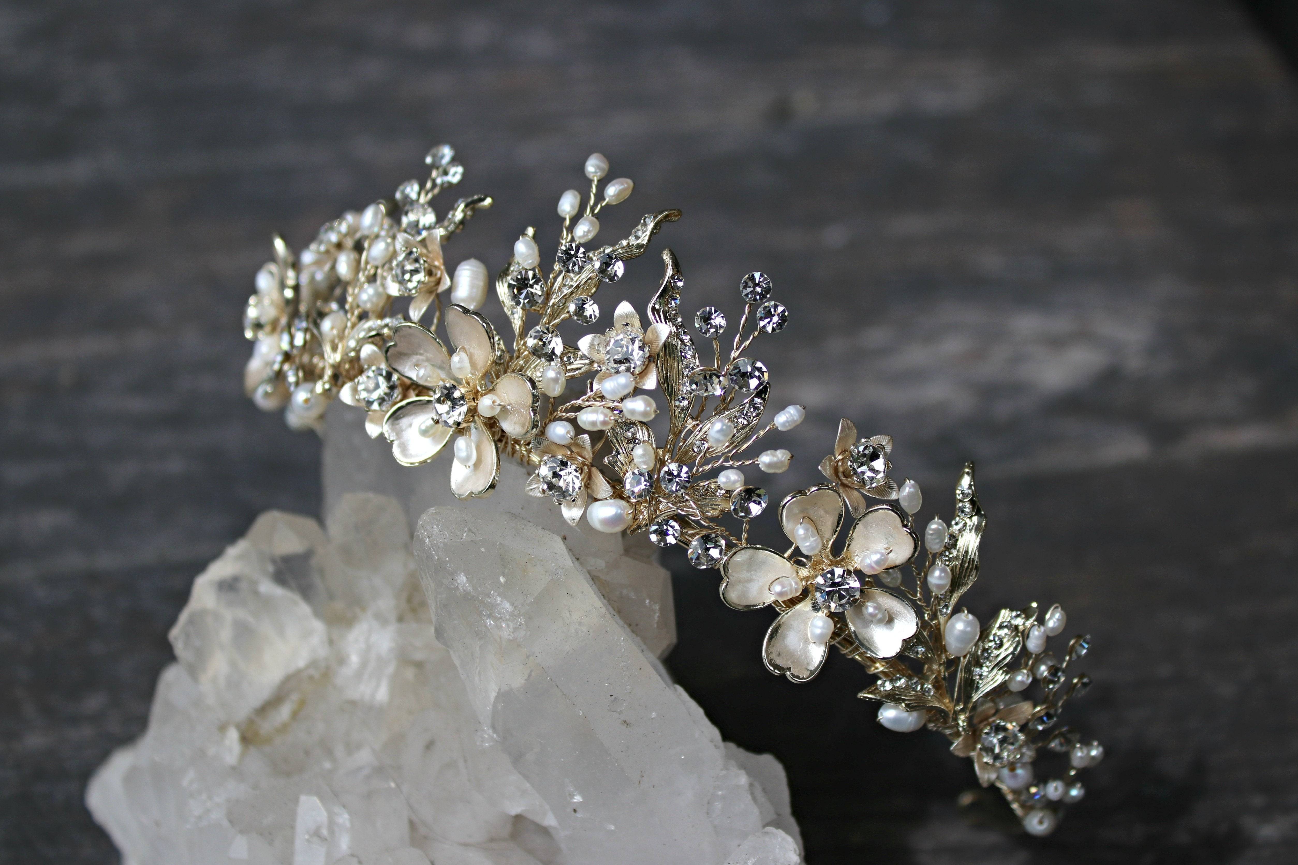 ELBDC Tiara, Tiaras Pale Gold - No Gemstones Added GENEVIEVE Tiara with Ruby and Emerald Briolettes