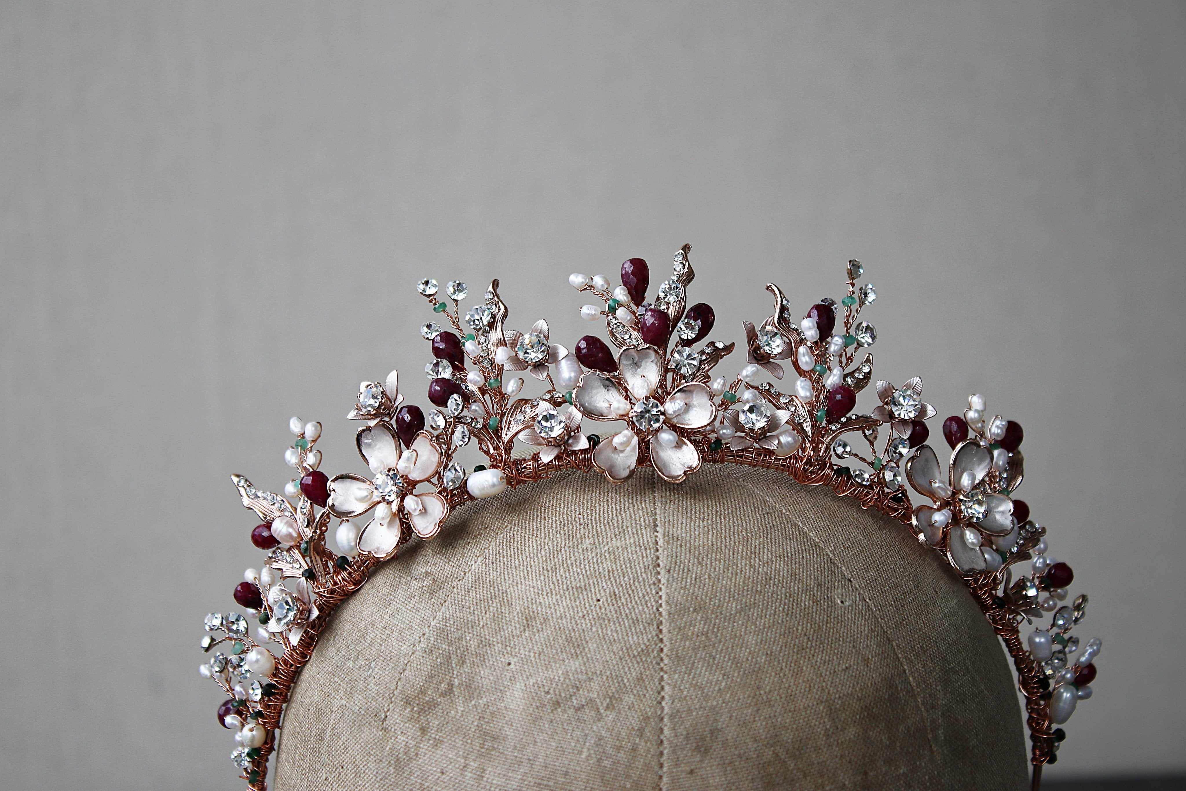 ELBDC Tiara, Tiaras Rose Gold with Rubies and Emeralds Added GENEVIEVE Tiara