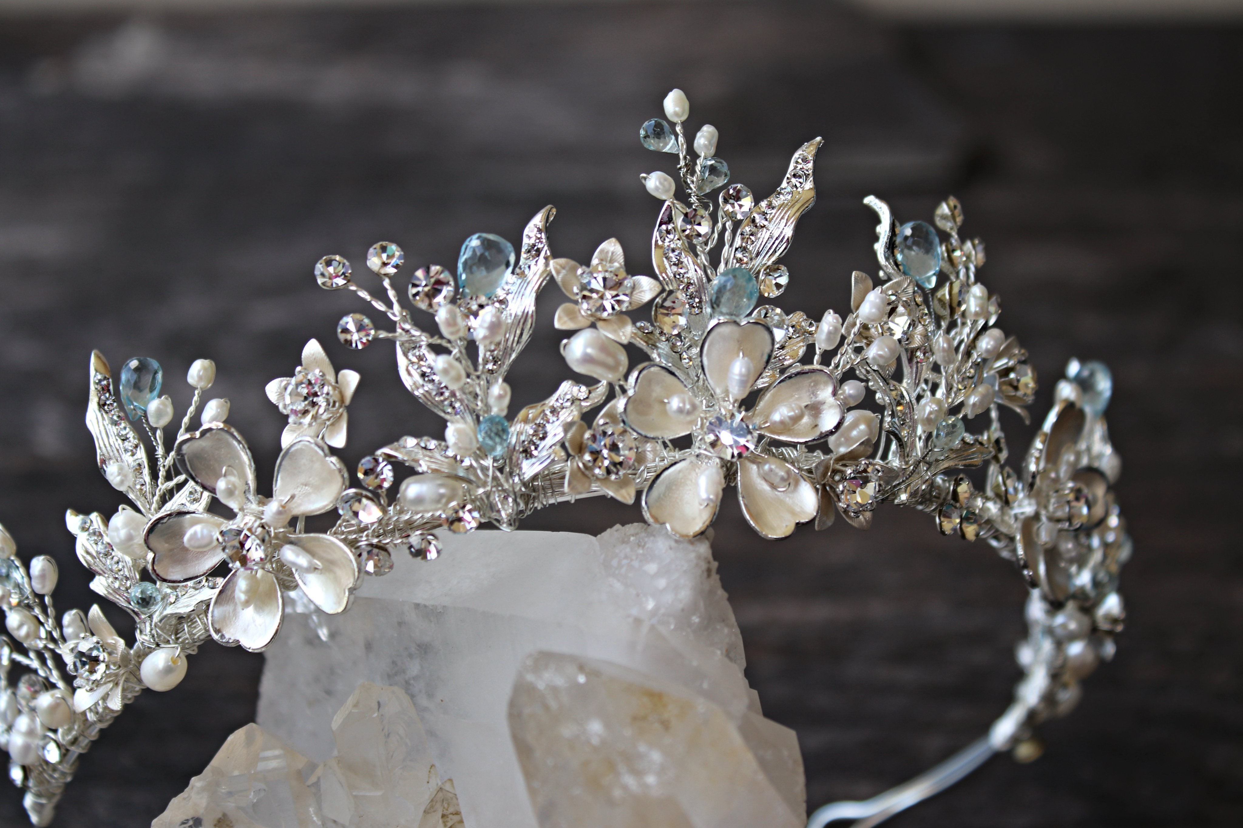 Tiara, Tiaras Silver with Aquamarine and Blue Topaz GEMSTONES ADDED GENEVIEVE Tiara with Genuine Aquamarine and Blue Topaz Gemstone Briolettes