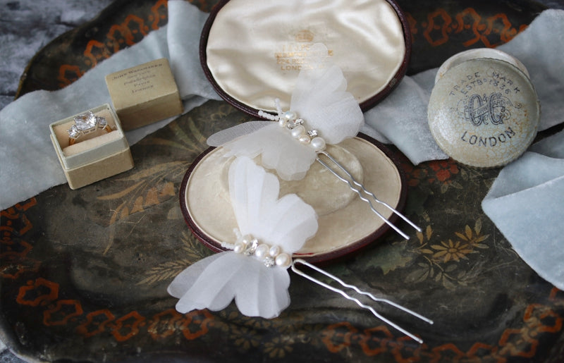 Silk Organza BUTTERFLIES and Freshwater Pearls Hairpins Set