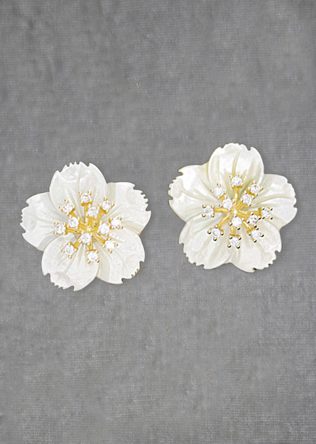 CHARLOTTE Mother of Pearl and Simulated Diamond Floral Bridal Earrings