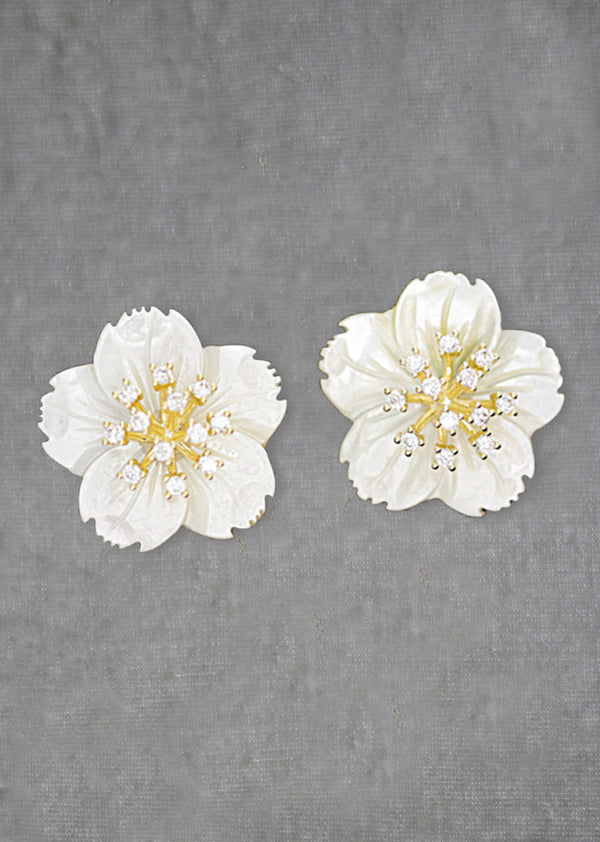 CHARLOTTE Mother of Pearl and Simulated Diamond Floral Bridal Earrings