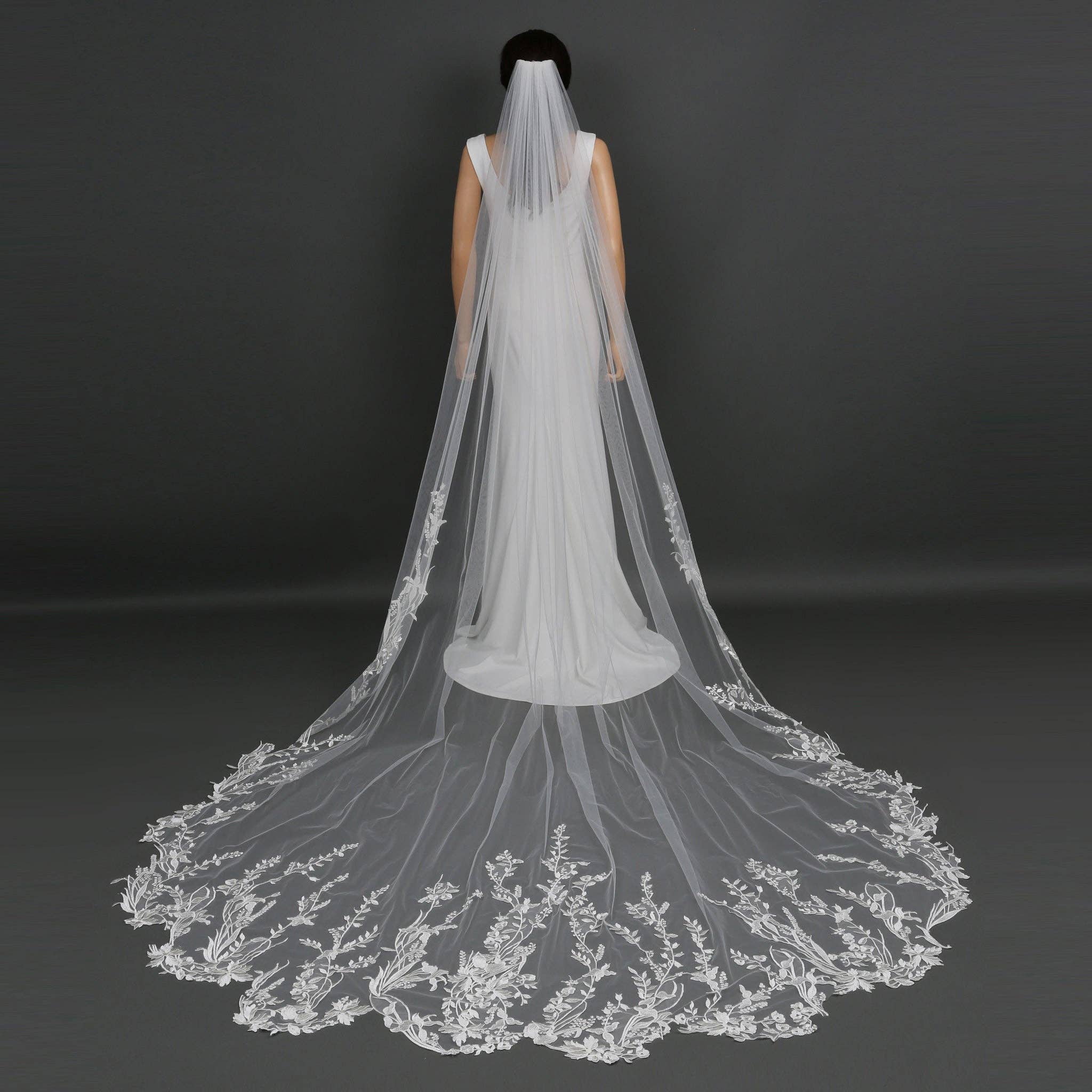 ANNALISE scalloped floral cathedral veil in sheer ivory tulle with embroidered floral and leafy edge | EDEN LUXE BRIDAL