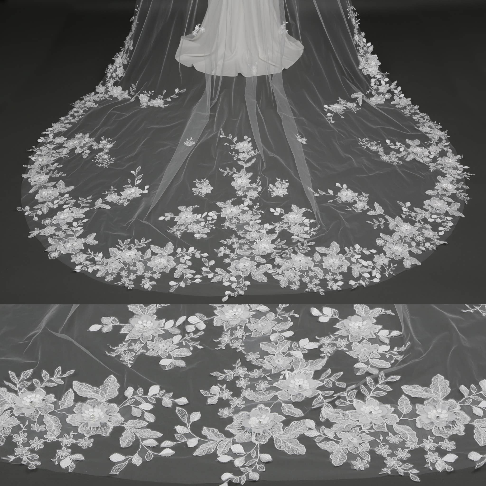 Close-up of embroidered lace and hand-sewn 3D organza flowers on ELLINA veil in ivory tulle, showing floral artistry and ethereal texture. | EDEN LUXE Bridal