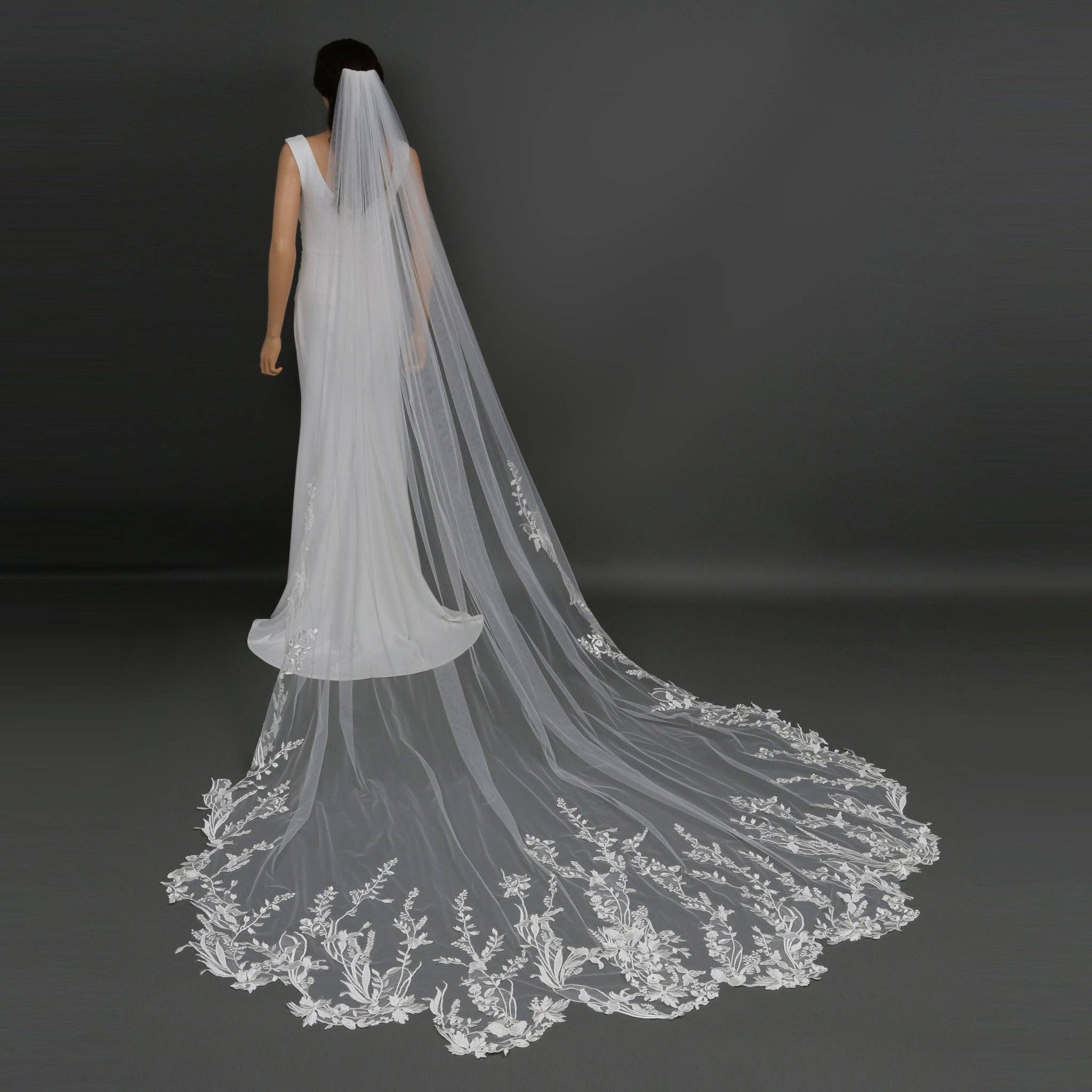 EDEN LUXE BRIDAL ANNALISE cathedral veil, 120 inches long, scalloped floral edge, sheer illusion tulle, luxury wedding accessory