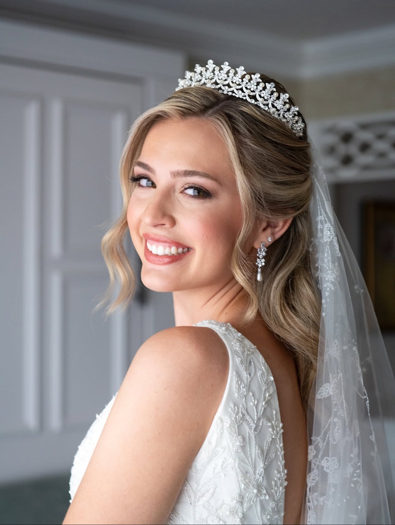 Real Bride wearing Pearl Tiara & matching earrings | EDEN LUXE Bridal